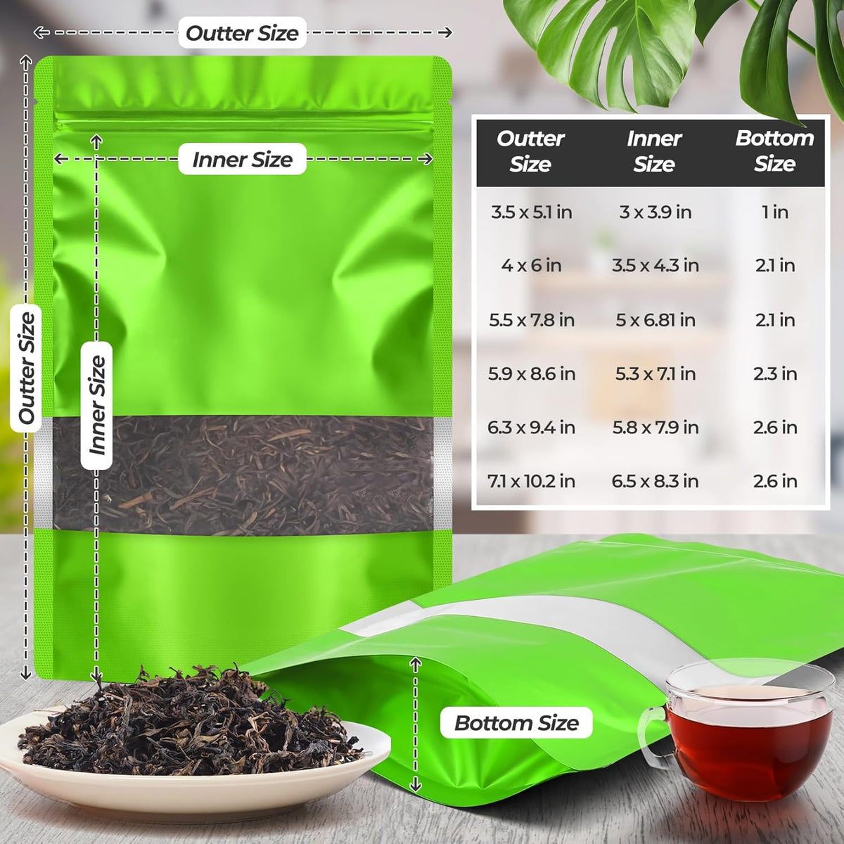 Funfery 100 Pcs Smell Proof Packaging Bags,Mylar Clear Bags for Food Storage,Sealable Bag for Packaging,Stand Up Pouches with Window,ReSealable Bag for Small Business,Cookies,Candy(Green,6.3x9.4in)