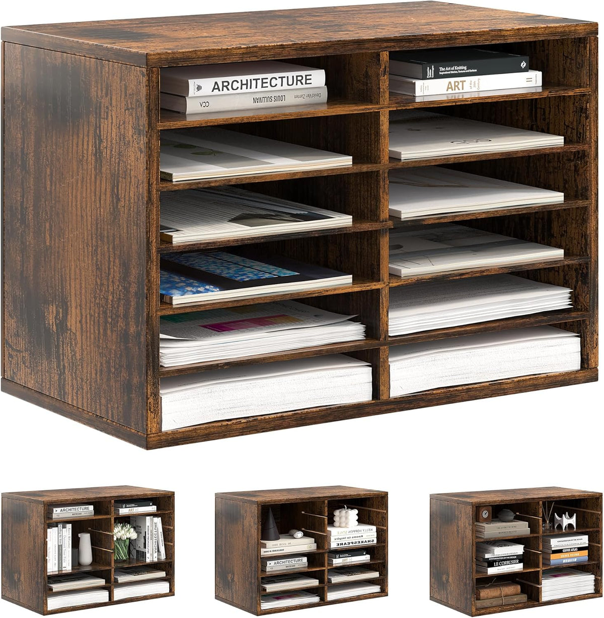 Mail Organizer Countertop, 12 Slots Wooden Desk File Literature Sorter, Adjustable Paper Storage Shelves Document Holder, Space Saving Desktop Mailbox for Office Classroom, Rustic Brown