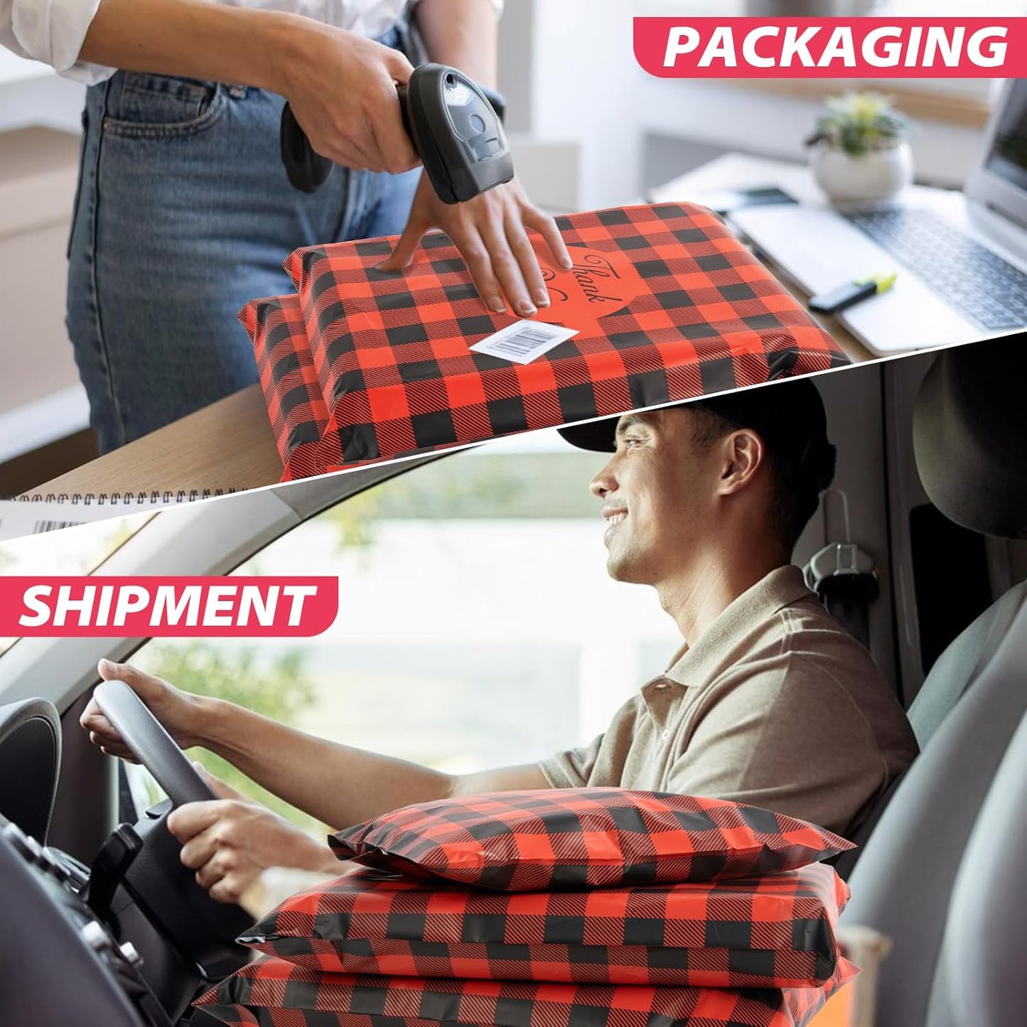 Oududianzi Large Poly Mailers 14.5x19, 100 Pack Shipping Bags, Shipping Envelopes, Plastic Packaging Bags, Self-Seal Polymailers, Mailers Poly Bags for Small Business and Clothing - Red plaid