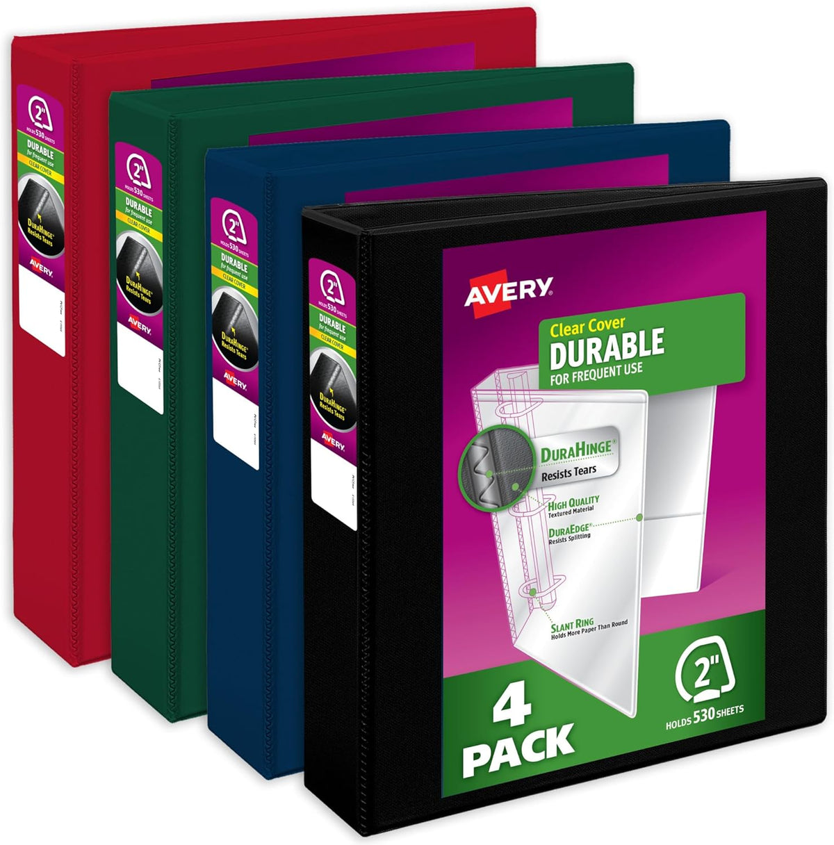 Avery Durable View 3 Ring Binders, 2 Inch Slant Rings, 530-Sheet Capacity, Assorted Dark Colors, 4-Pack (05638) – for School, Office, Teachers, Classrooms & Home Organization