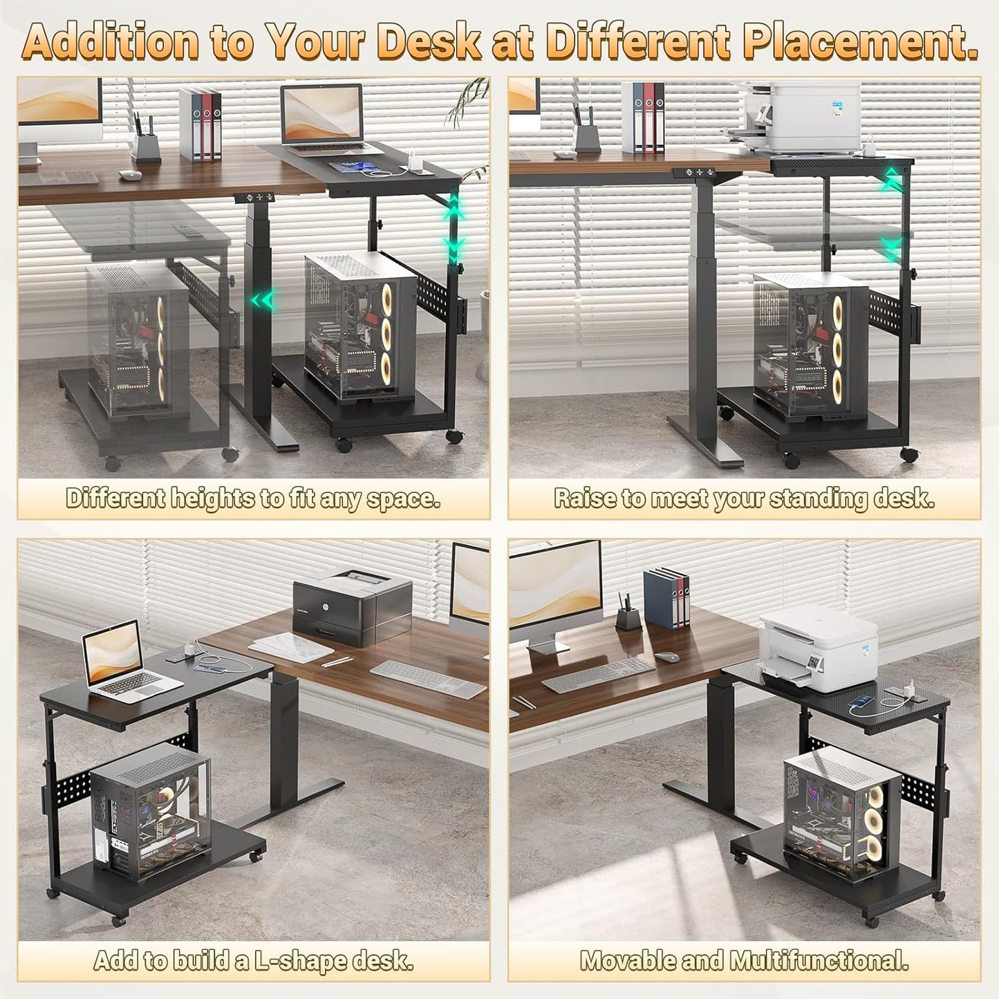 32" Large Computer Tower Stand with Power Strips, 4 Levels Manual Height Adjustable PC Tower Stand for Under Desk, Mobile Rolling CPU Holder Computer Cart with Wheels, Carbon Fiber Black