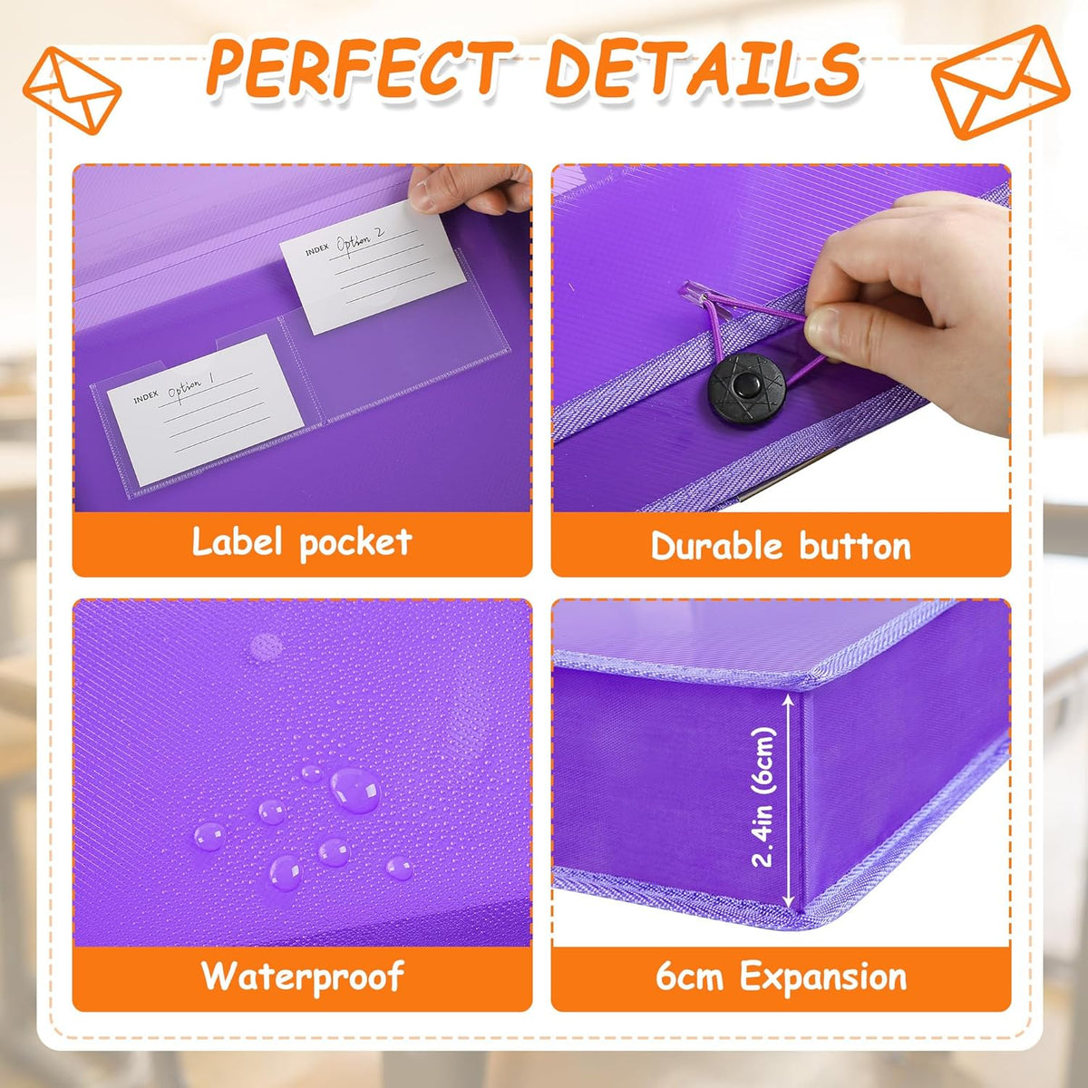 CHEPULA 5Pack A4 Plastic File Wallet Envelope Expanding File Folder Document Organizer with Snap Closure & Label Pocket Clear Colored Waterproof Accordion File Pouch for Office Home