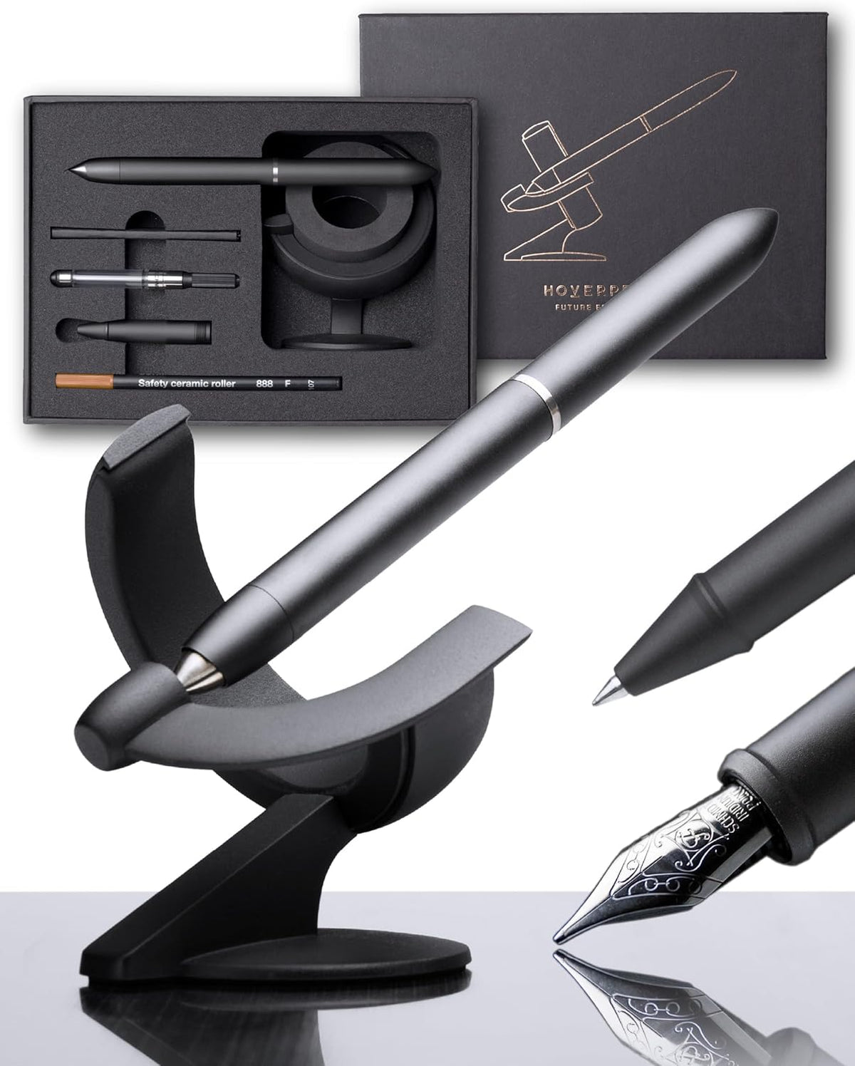novium Hoverpen Future Edition - Luxury Fountain Pen & Rollerball Pen All-In Gift Box, Fine Nib, Futuristic Aesthetic, Aerospace Metal Made, Free Spinning Executive Pen, Gifts for Boss (Deep Black)