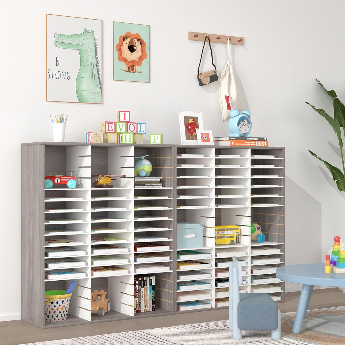 EasyPAG Mail Organizer Countertop, Wood Literature Organizer with Adjustable Shelves, Student Classroom Mailbox for School, Desktop Paper Sorter for Office Home, 48 Compartments, Retro Gray/White