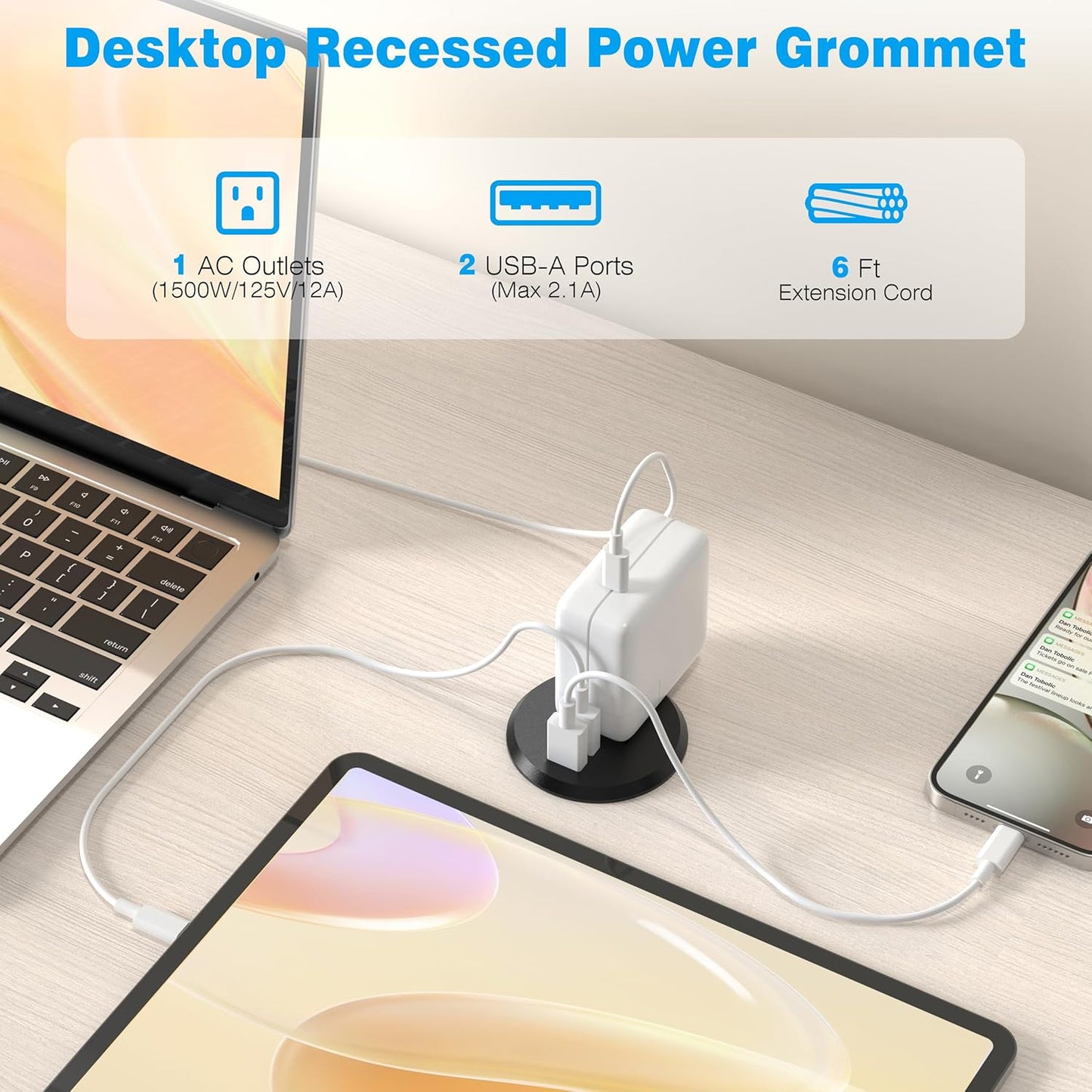 VILONG Desk Power Grommet with 2 USB, Fits 2 inch Grommet Hole, Recessed Power Strip Socket, Plug in 2 Outlet 6 ft Extension Cord (ETL Listed)
