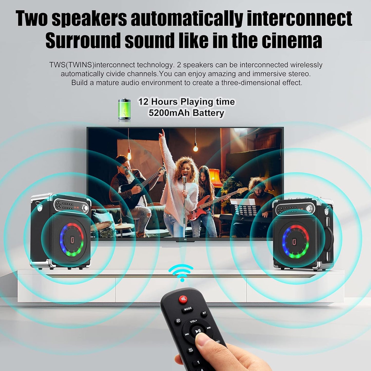JYX Karaoke Machine with Two Wireless Microphones, Portable Bluetooth Speaker with Bass/Treble Adjustment, PA System with Remote Control, LED Lights,Supports TF Card/USB, AUX IN, FM, REC,TWS for Party