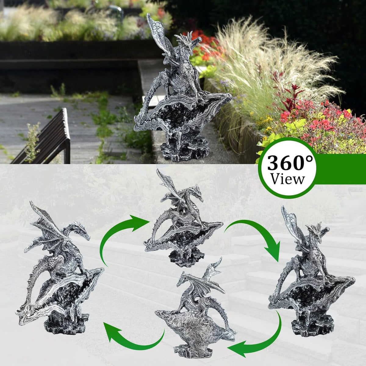 Gothic Medieval Mythic Dragon Figurine Statue Fantasy Decoration Table Office Home Bedroom Livingroom Decoration Gift (7 Inches,Silver)