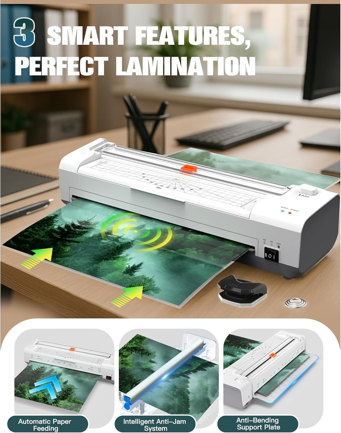 13 Inch Laminator Machine with Auto Paper Feed, Never Jam A3 Thermal & Cold Lamination, 20 Laminating Sheets, 10-in-1 Laminator with Cutter, Trimmer & Corner Rounder for Office School Home Use White