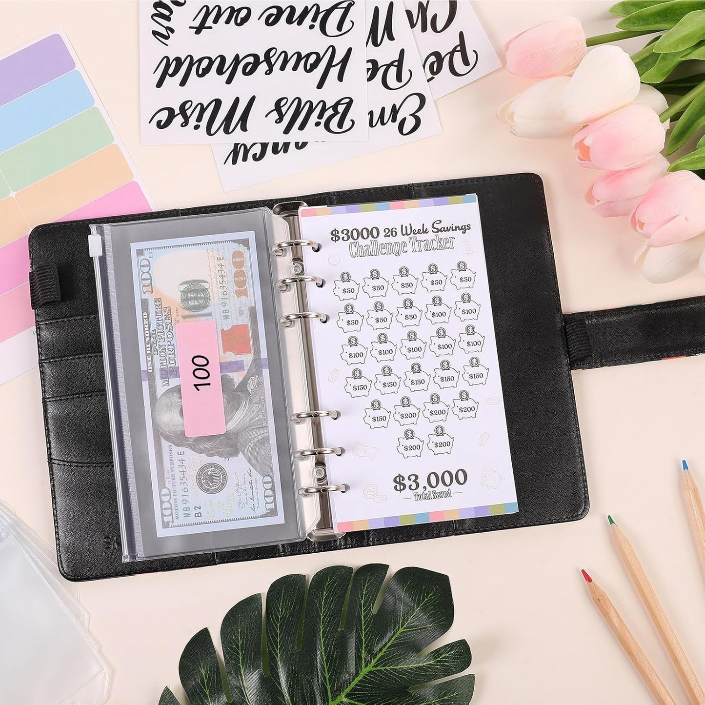 SKYDUE Budget Binder with 8Pcs Cash Envelopes, 12Pcs Expense Budget Sheets, 2Pcs Challenge Trackers, and Category Labels - Budget Binder & Challenges Book Combo for Saving Money