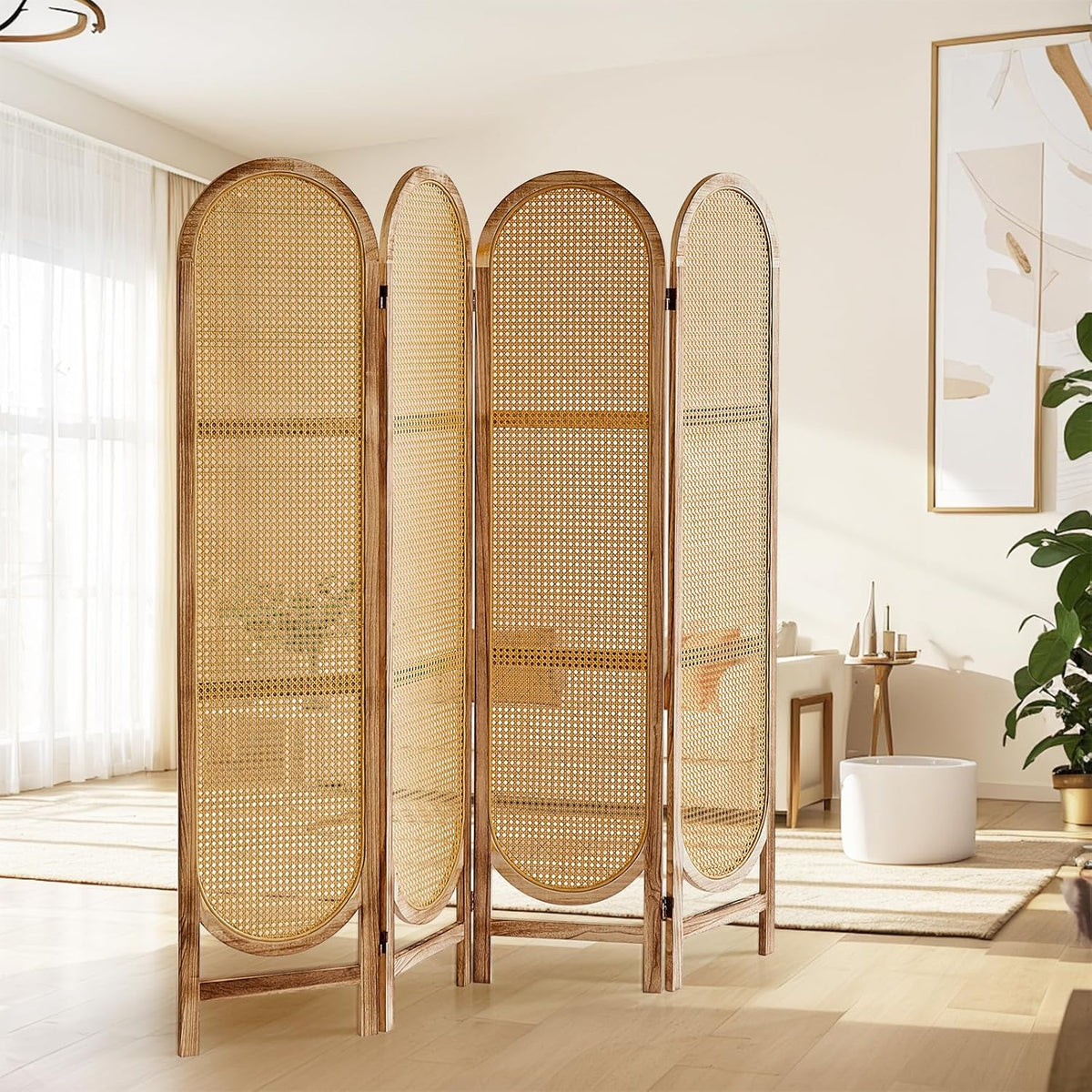 4 Panels Room Dividers and Hand-Woven Rattan Room Divider Wall, Wood Room Divider Folding Privacy Screens for Home Office Bedroom, Light Brown