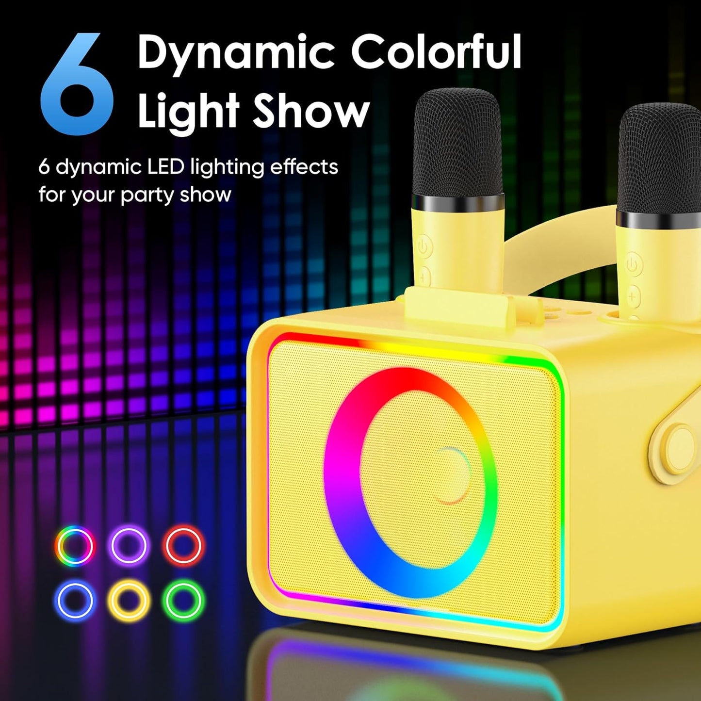 Karaoke Machine,Portable Bluetooth Speaker with 2 Wireless Microphone for Adults & Kids with LED Lights, Karaoke Microphone with PA System Supports USB/TF/AUX,Gift for Party (Yellow)