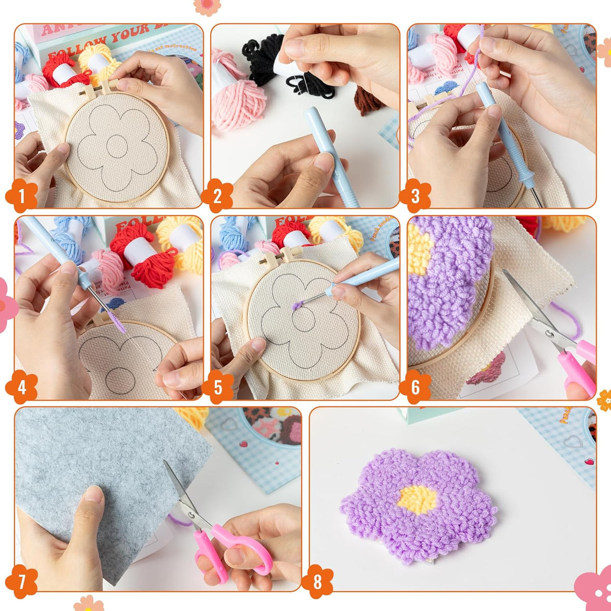WATINC Flower Punch Needle Coaster Kit - 22Pcs Crafts Punch Needle Coasters Kits for Beginners, Flower Patterns Tufted Rug Pads with Adhesive Felt Yarns Embroidery Hoop Instruction