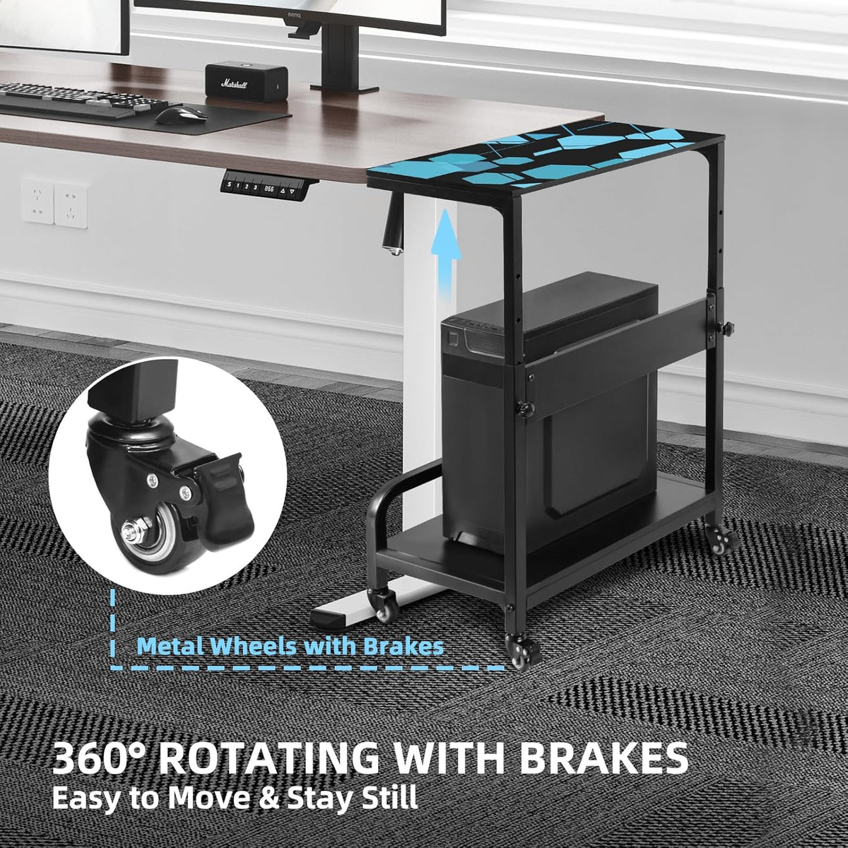 Height Adjustable Computer Tower Stand, Compact Printer Stand, 2 Tier for ATX Case, Extra Large CPU Floor Stand PC Tower Stand CPU Holder Cart with Guard Rail 32.7" X 21.6" X 15.8", Blue