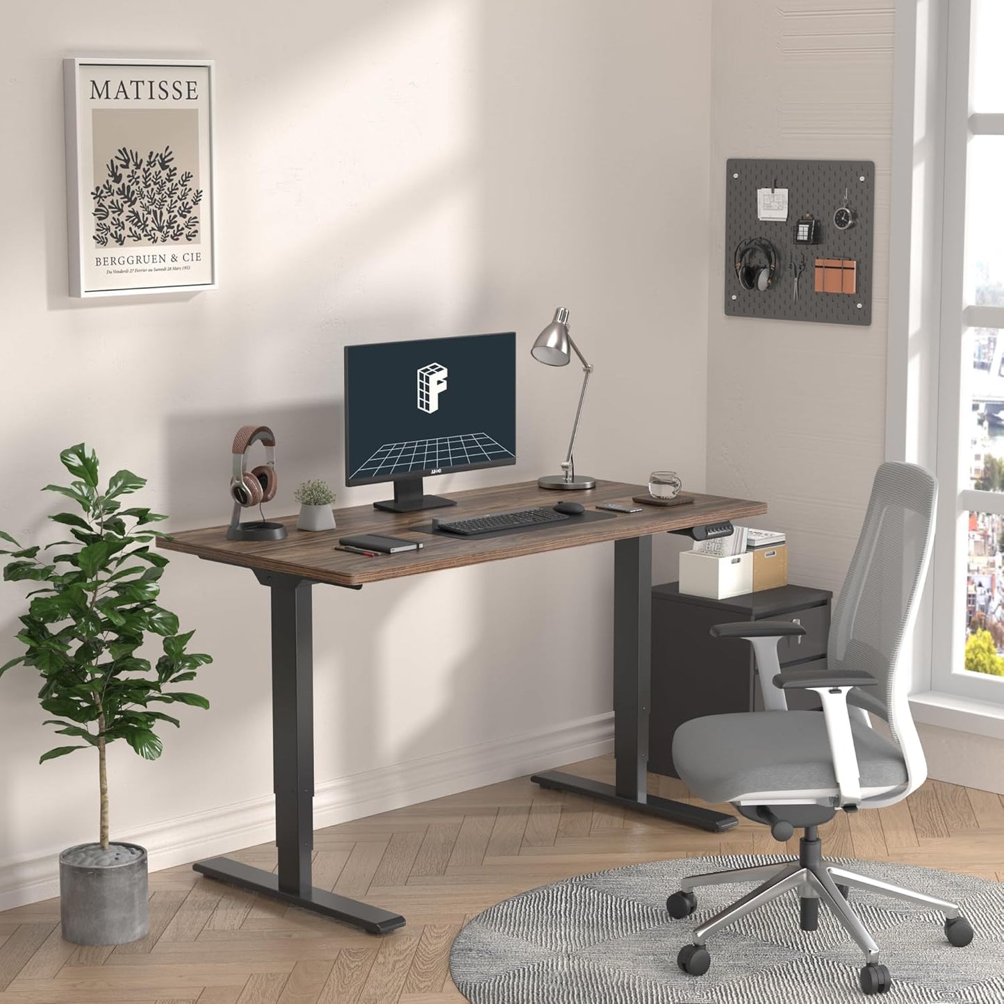 FLEXISPOT E6 Essential 3 Stages Dual Motor Electric Standing Desk 48x30 Inch Whole-Piece Board Height Adjustable Electric Sit Stand Desk(Black Frame + Brown Wood Grain Desktop, 2 Packages)