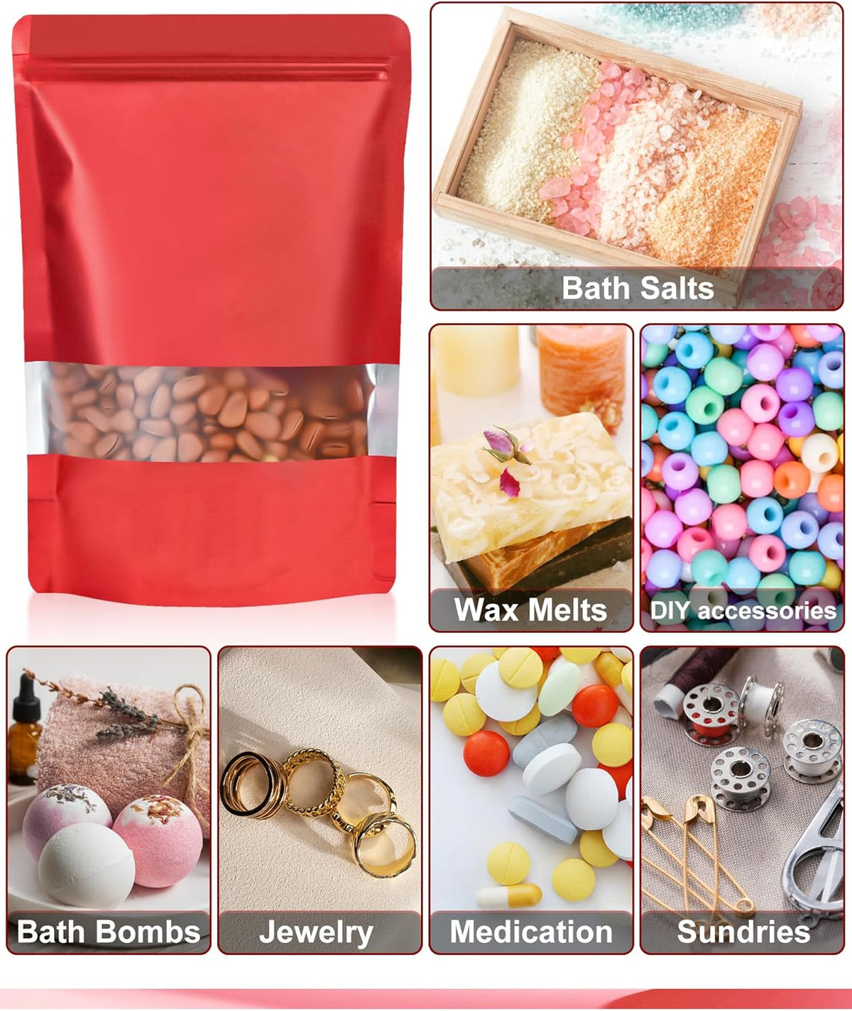 FireKylin 100 Pack Smell Proof Bags 6.3" x 9.4", Resealable Bags with Matte Window, Foil Pouch Stand Up Sealable Bags for Packaging（Red）