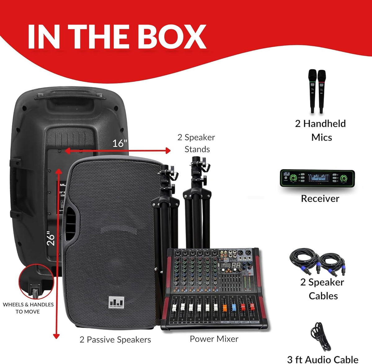 MUSYSIC Portable PA System with Wireless Microphone and Speakers – 6 Ch Audio Mixer with Built-in 2000W Amp & Wireless UHF Microphone System, Multiple Inputs, Complete w/Stands - 15" Speaker 1200W