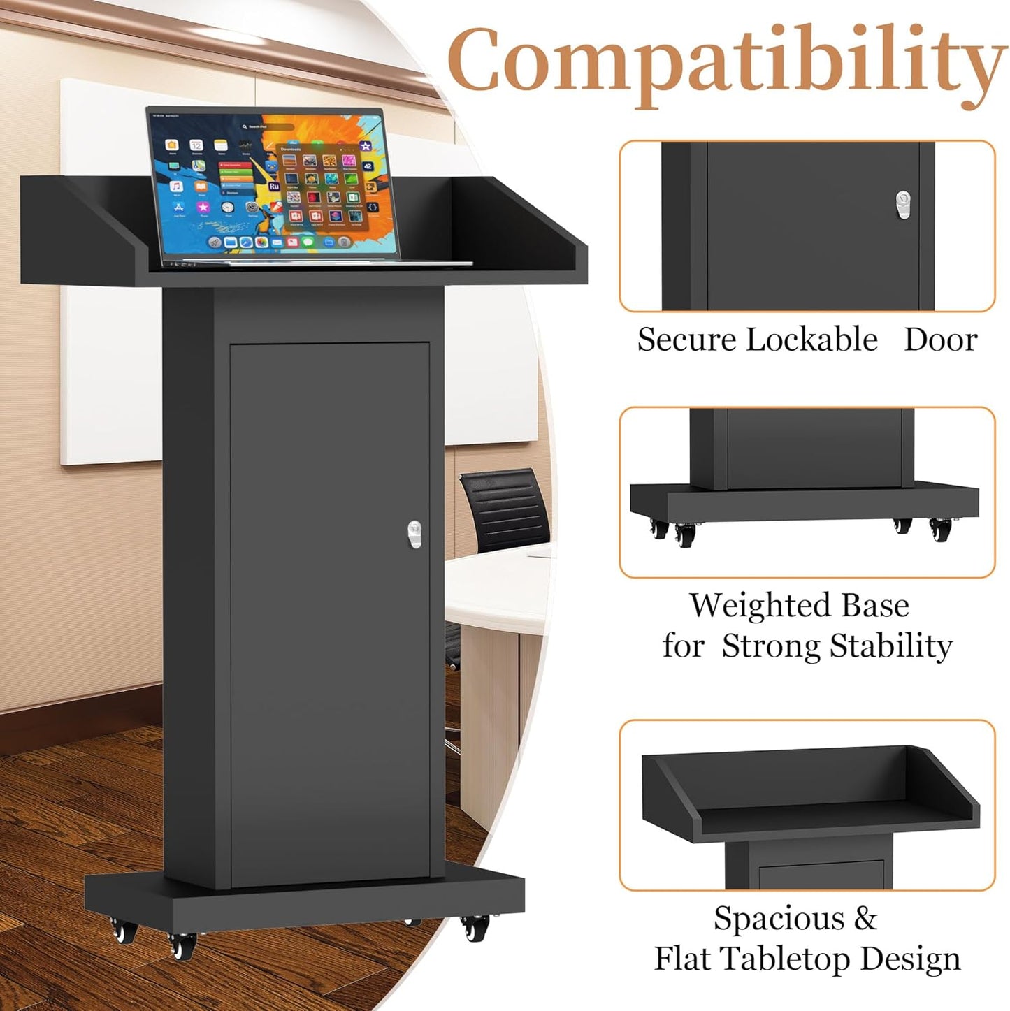 MOOFI Podium Stand Portable with 4 Locking Wheels Style 2 (Style 3)