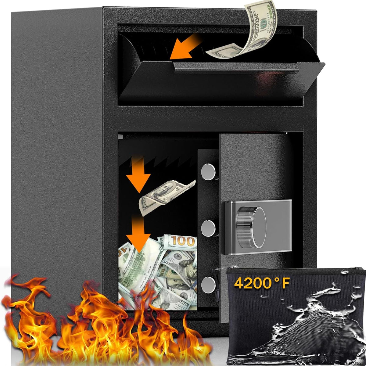 1.8 CUB Depository Drop Safe Fireproof, Front Drop Slot Lock Box with Digital Combination and Anti-Fishing, Silent Deposit Safe Box, Security Money Safe for Cash Slips Expense Business Office Home