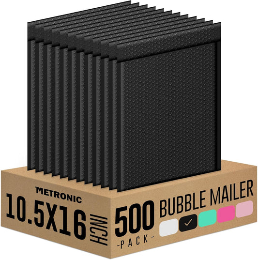 Metronic 500Pcs Poly Bubble Mailers, 10.5X16 Inch Envelopes Padded Bulk, Bubble Envelopes Lined Wrap Polymailer Bag for Shipping/Packaging/Mailing Self Seal Black, Usable Size Bubble Mailers 10.5X15
