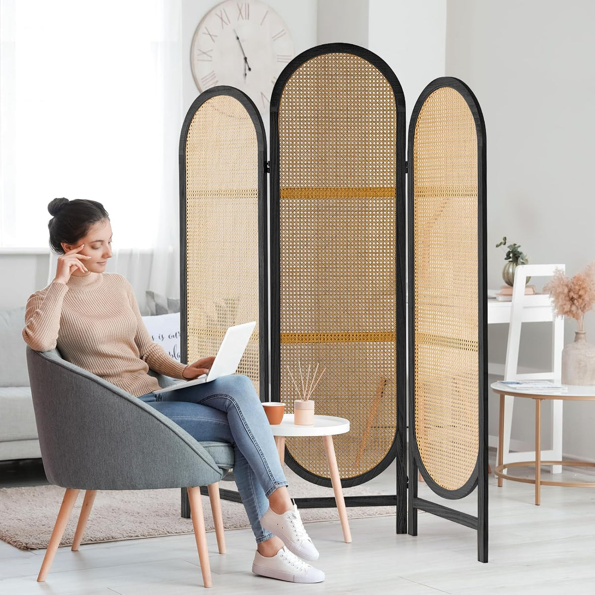 Hand-Woven Rattan Room Divider 3 Panels, 5.9 Ft Tall Wood Room Divider Panel, Partition Screen Divider Wall, Folding Privacy Screen, Wall Divider for Room Separation Home Office - Black