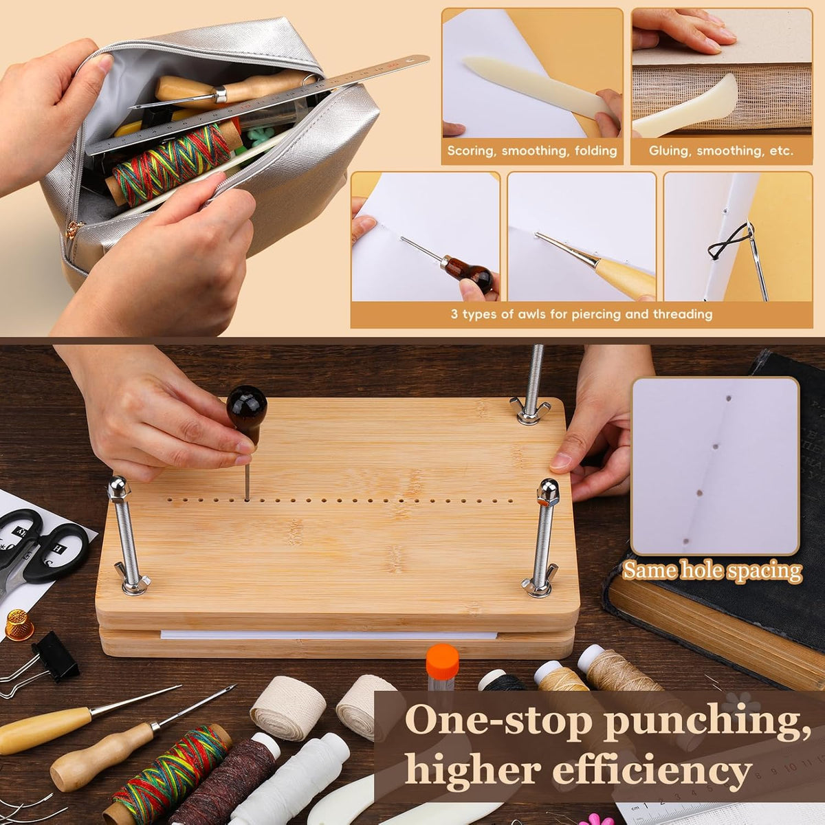 JUPEAN Bookbinding Kit, Book Making Kit, Bookbinding Punching Guide Set, 11.6”x7.9” Hole Punching Book Press Books Binding Materials with Bone Folder Awl Binding Strap for Craft DIY