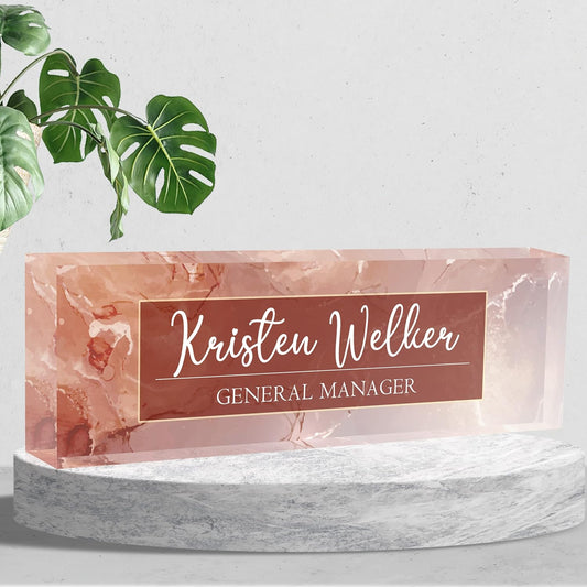 Desk Name Plate Personalized, Premium Pink Marble Acrylic Desk Name Plate, Personalized Name Plate for Desk, Office Decor for Women or Men Coworkers, Boss, Employee, Teacher