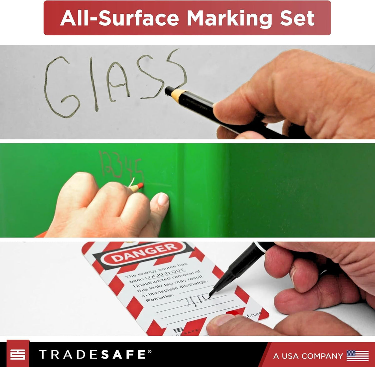 TRADESAFE Grease Pencils and Permanent Marker Set - Black China Pencil, Red Wax Pencil, Black Dual Tip Marker Pen, Premium Grade Markers for Metal, Glass, Fabric