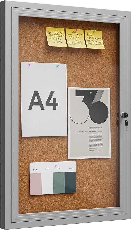 36"x24" Lockable Enclosed Bulletin Board, Outdoor Cork Weather-Resistant Aluminum Frame Notice Board, Wall Mounted Display Case Acrylic Doors for School,Office,Silver Frame w/Cork