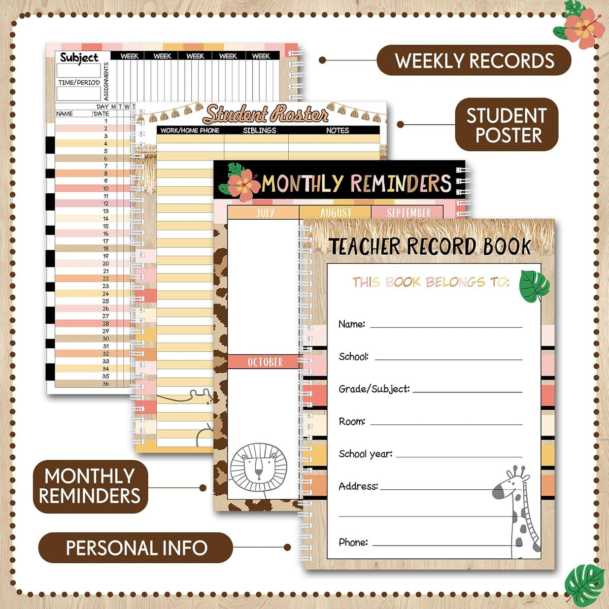 Leopard Teacher Record Book Teacher Grade Book Animal Print Spiral Bound Record Class Gradebook Office Favors Gift for Classroom Attendance Decoration Double Sided Color Printing