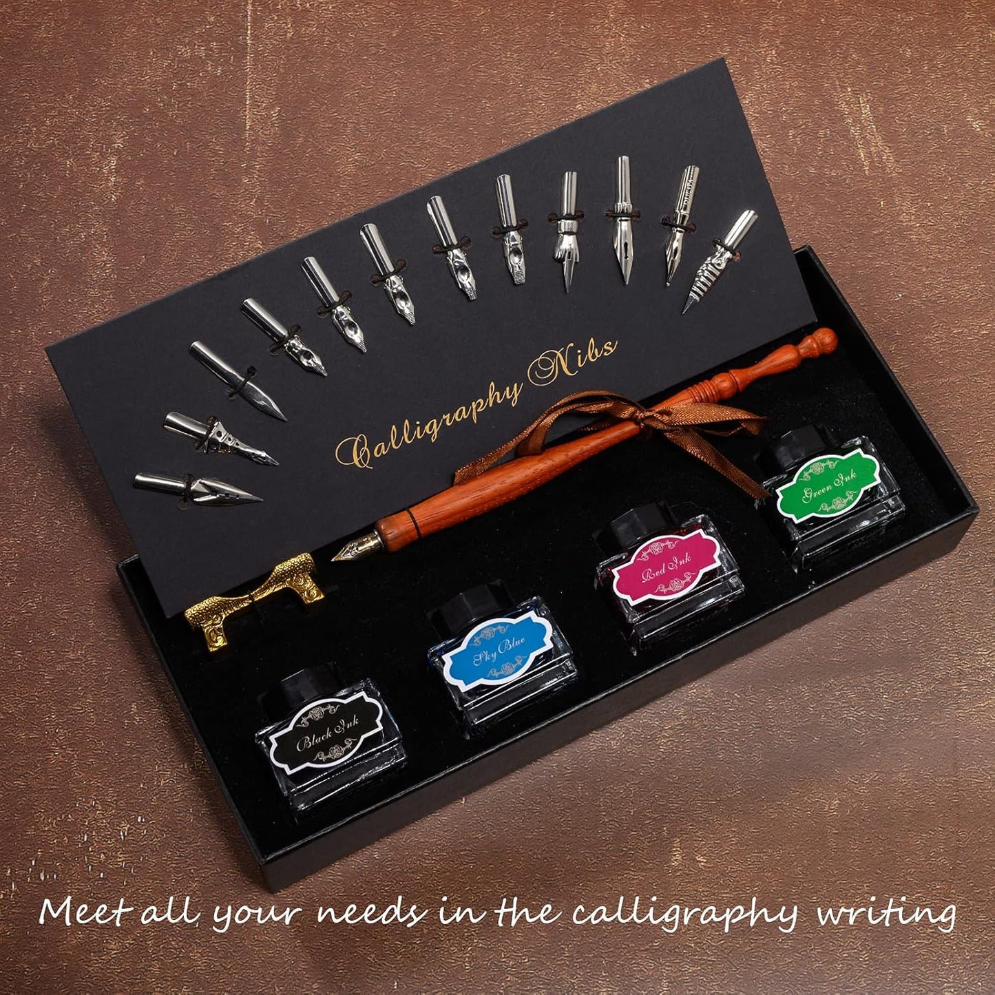 Calligraphy Pen Set，Include Vintage Fountain Pure Wooden Dip Pen for Beginners Writing, 4 Colors Bottles of Ink, 12 Replaceable Nibs, Antique Brass Pen Holder