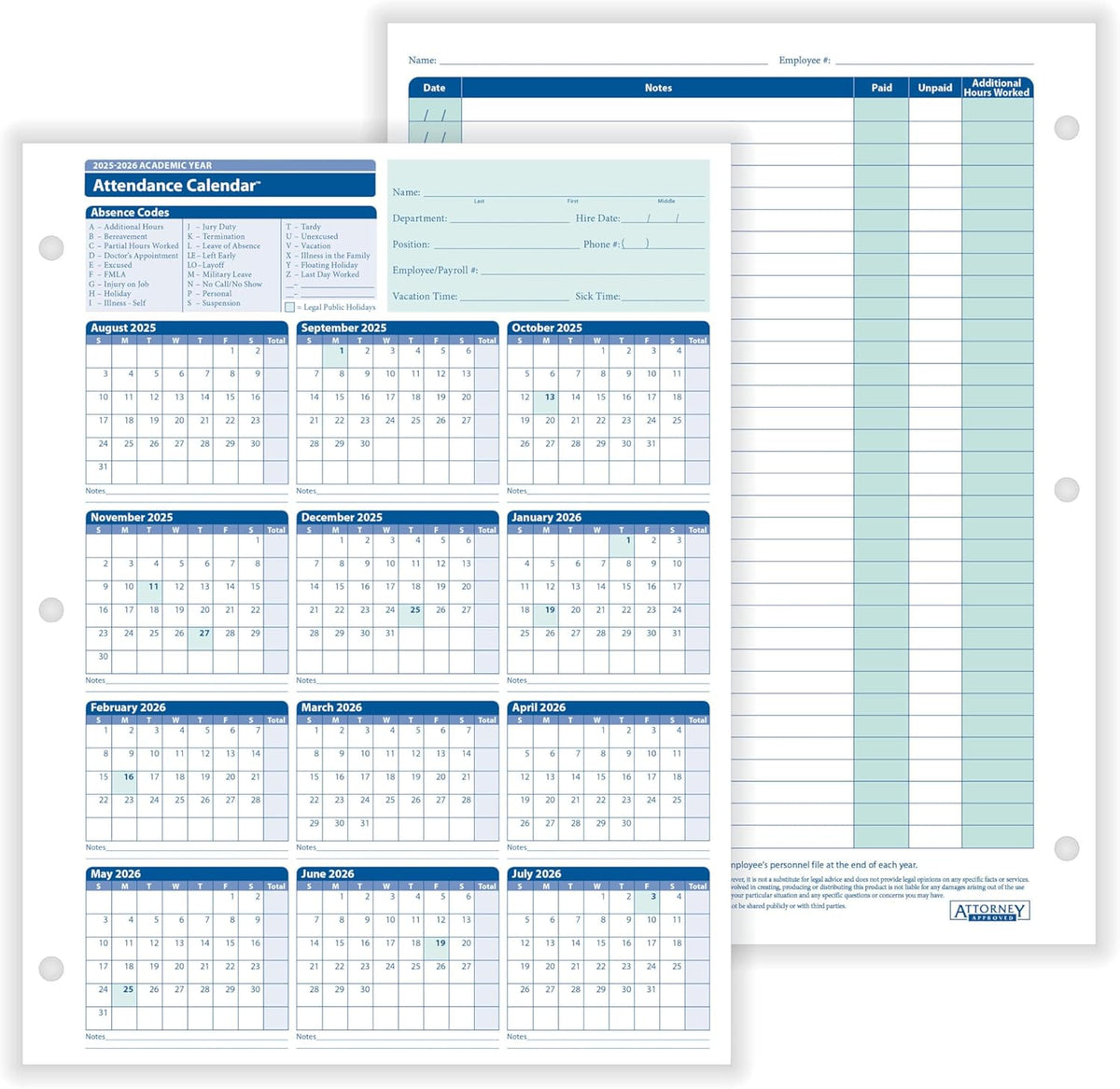 2025-2026 Academic Attendance Calendar, Pack Of 50