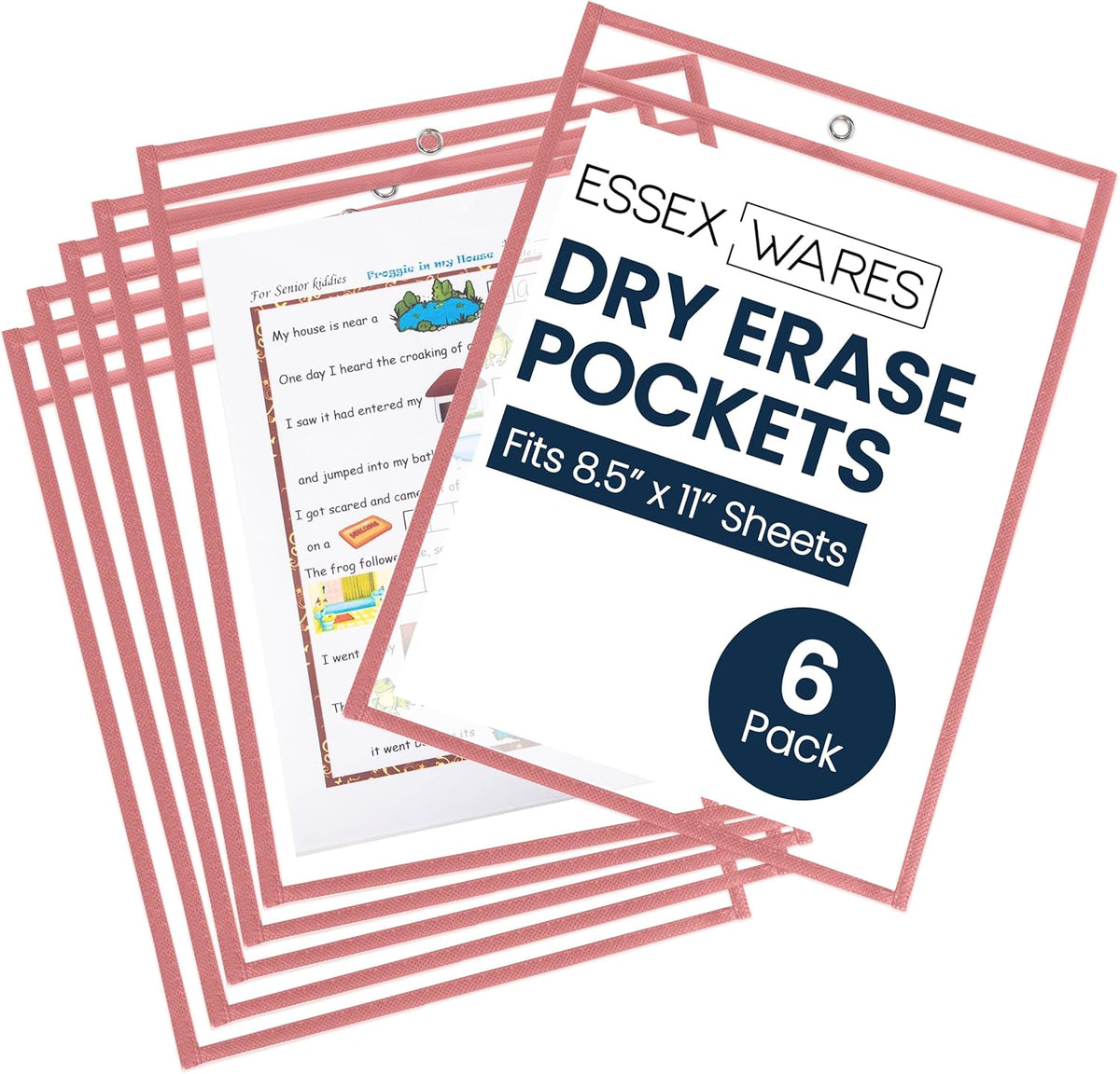 Essex Wares - 6 Pack, Peach, Durable Water-Resistant Dry Erase Pocket Document Protectors, 10" Wide x 13.5" Tall - Dry Erase Clear Plastic Sleeves - Reusable & Easy Erase Plastic Invoice Holders