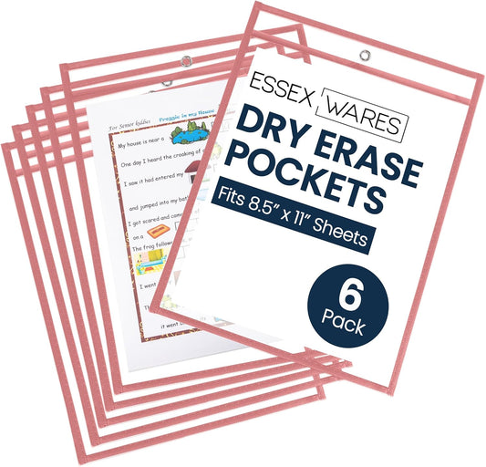 Essex Wares - 6 Pack, Peach, Durable Water-Resistant Dry Erase Pocket Document Protectors, 10" Wide x 13.5" Tall - Dry Erase Clear Plastic Sleeves - Reusable & Easy Erase Plastic Invoice Holders