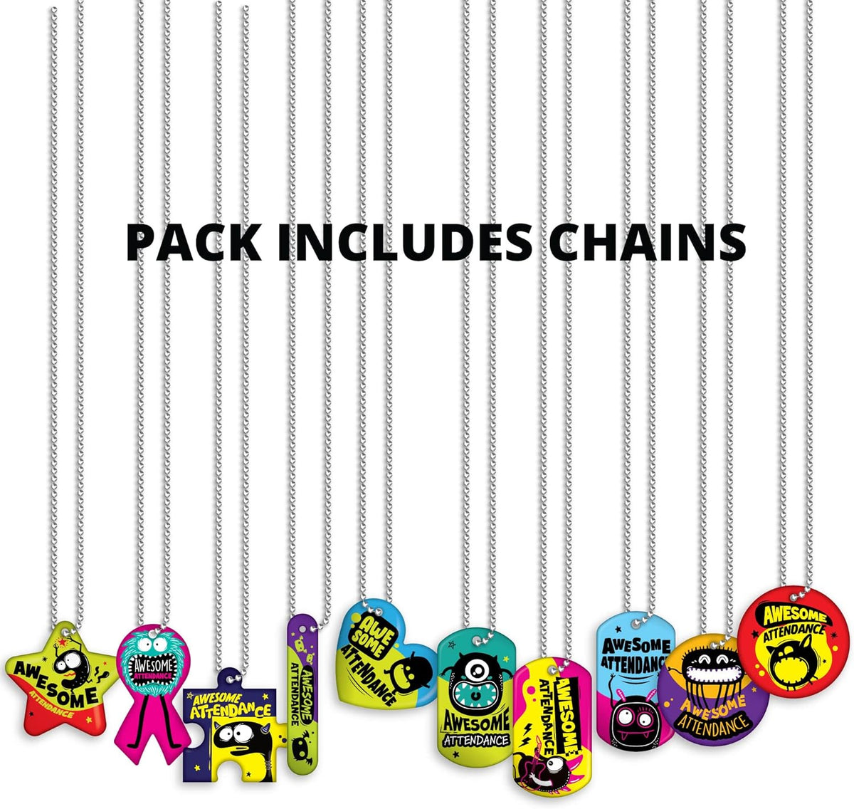 Brag Tags Fun Critters & Monsters Increase Student Attendance Incentives Value Pack: 100 Multicolor, Waterproof Teslin Tags (10 Per Design) + 25 Hypoallergenic, USA-Made, 24" Aluminum Safety Chains