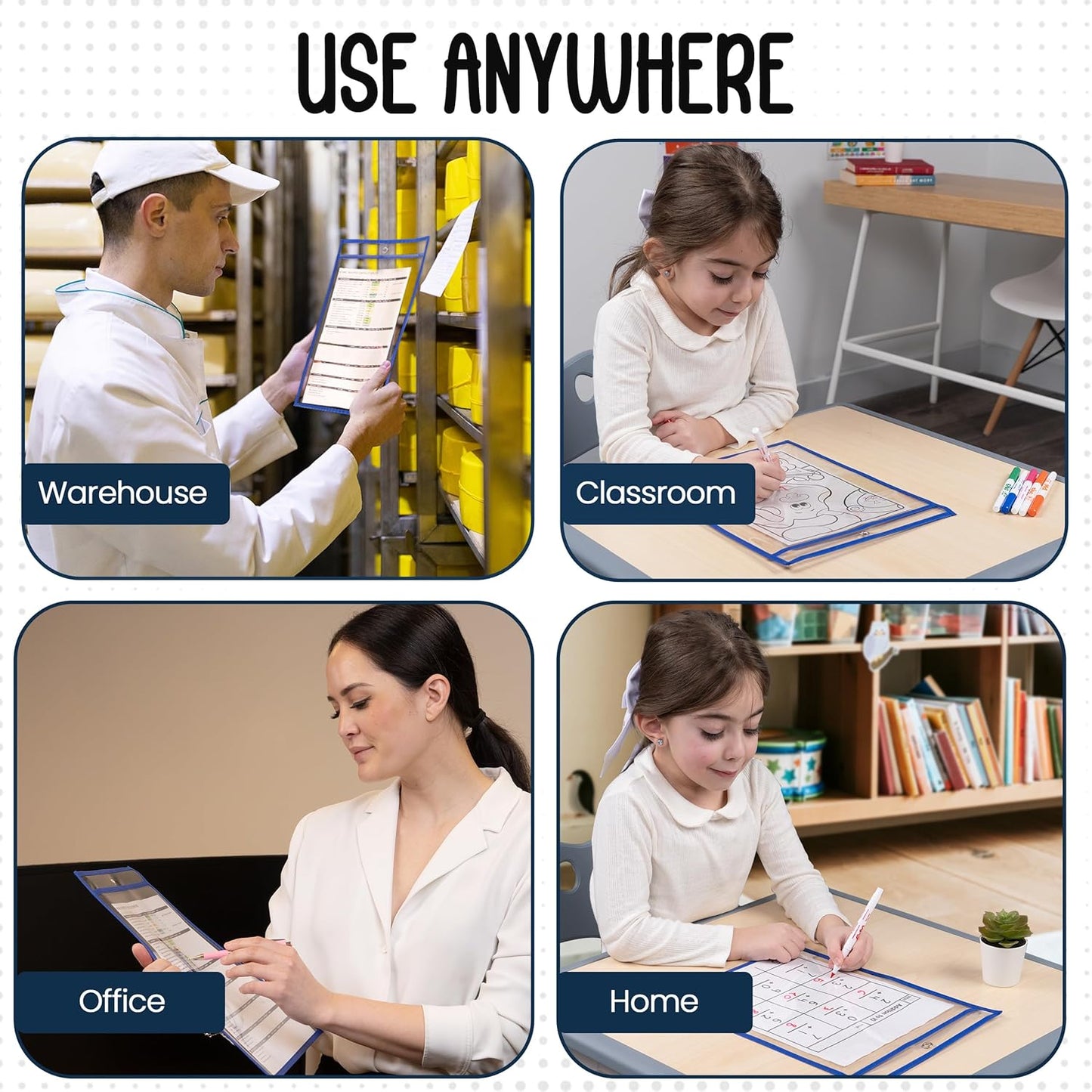Essex Wares - 6 Pack, Blue, Dry Erase Pocket Document Protectors, 10" Wide x 13.5" Tall - Dry Erase Clear Plastic Sleeves - Reusable & Easy Erase Plastic Invoice Holders, Water-Resistant & Durable