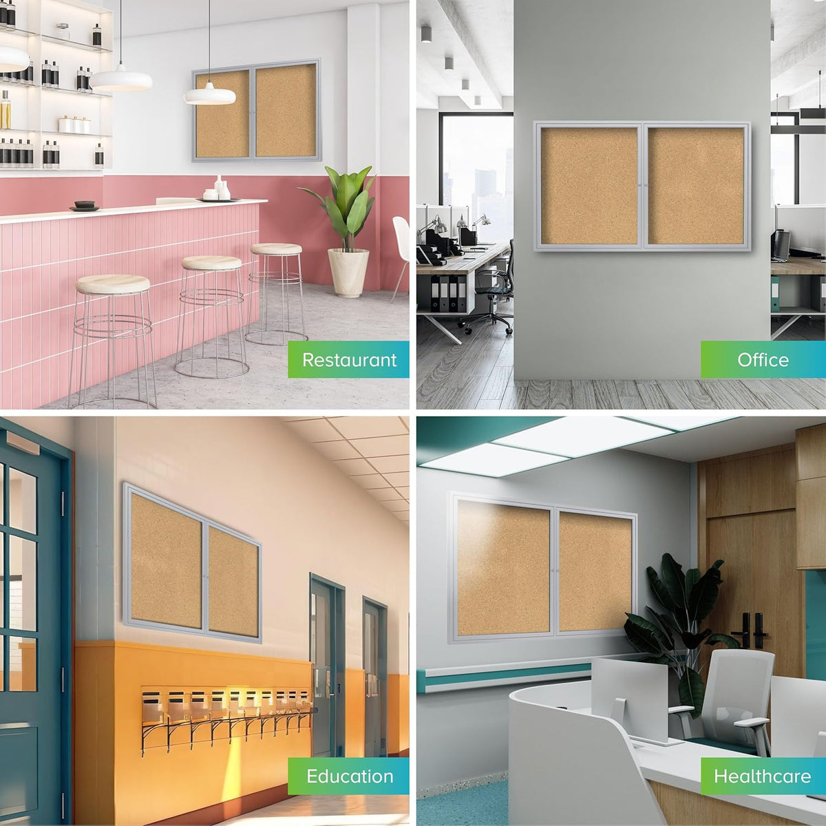 Ghent 36" x 48" 2-Door indoor Enclosed Bulletin Board, Shatter Resistant, with Lock, Satin Aluminum Frame - Natural Cork (PA234K) Made in the USA