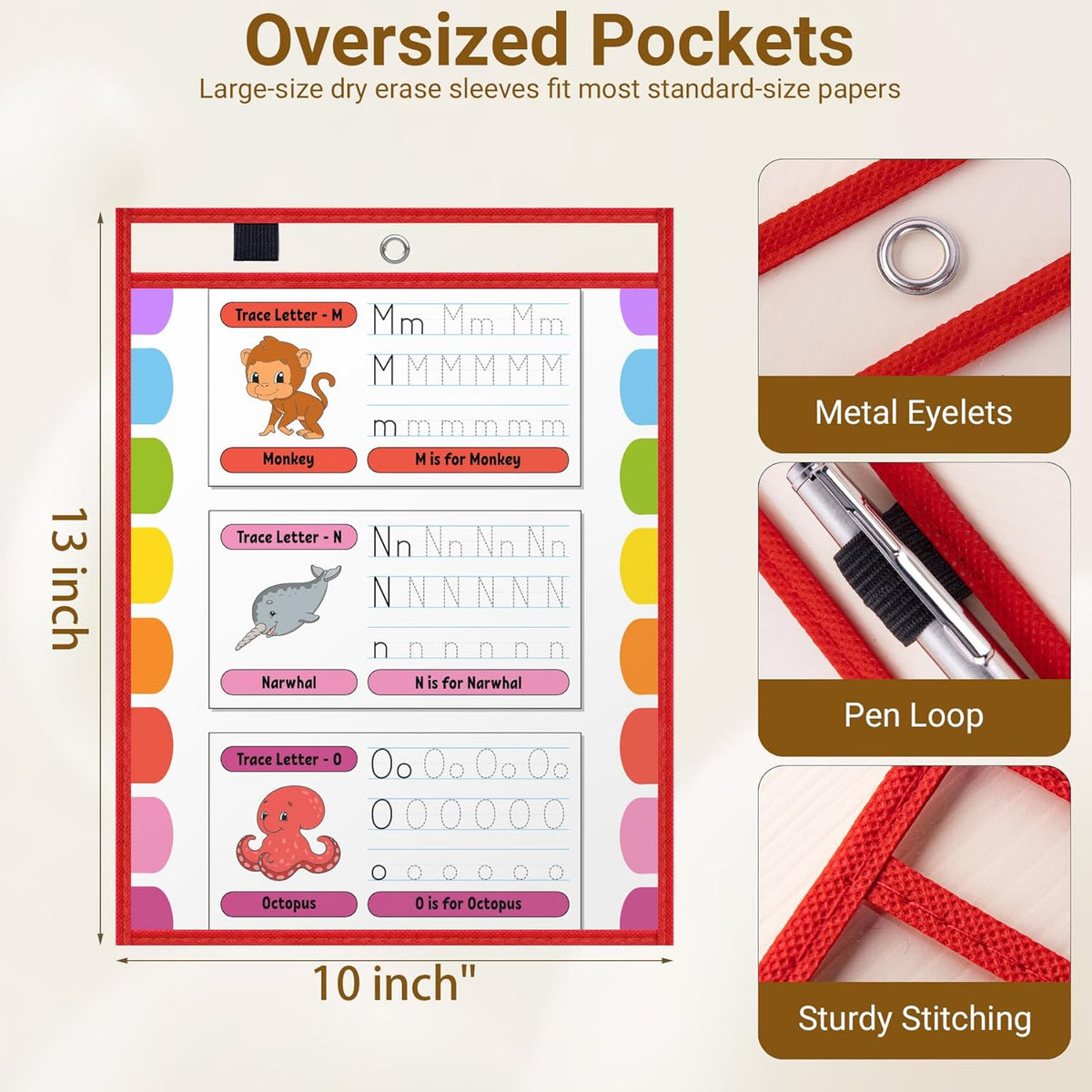 30 Pack Oversized Dry Erase Pocket Sleeves - 10 x 13 Inch Ticket Holders Reusable Clear Plastic Sleeves Sheet Page Protectors for School Teacher Supplies & Classroom Organization, 5 Colors