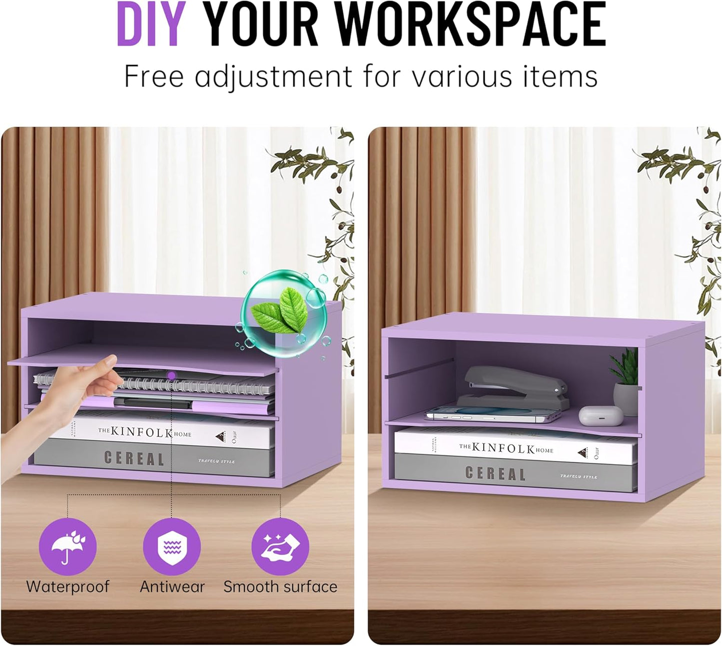 Wood Desk Organizer, 3 Tier Paper Tray Organizer for Desk with Adjustable Storage Shelves, Desktop Paper Sorter Mail Holder for Office Home Classroom, Purple