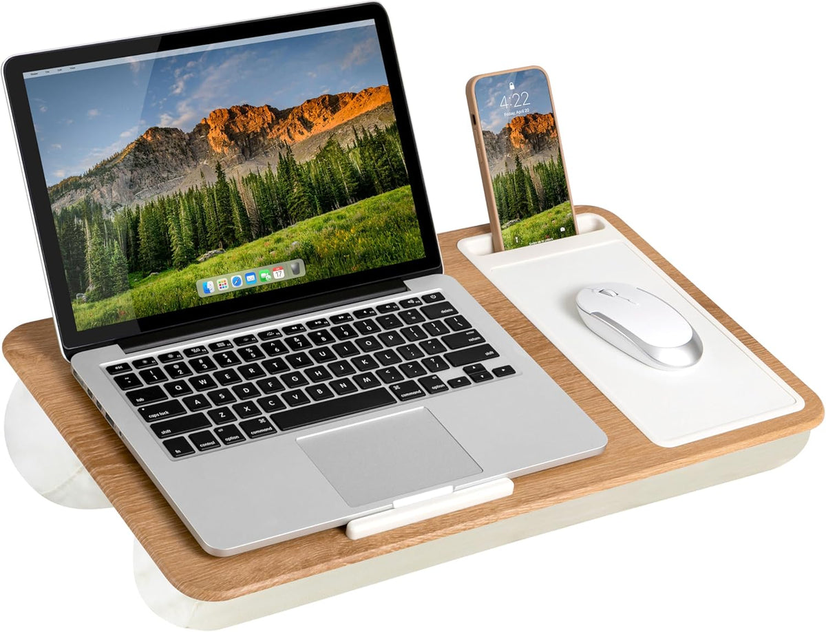LAPGEAR Home Office Lap Desk with Device Ledge, Mouse Pad, and Phone Holder - White Oak Woodgrain - Fits up to 15.6 Inch Laptops - Style No. 91579