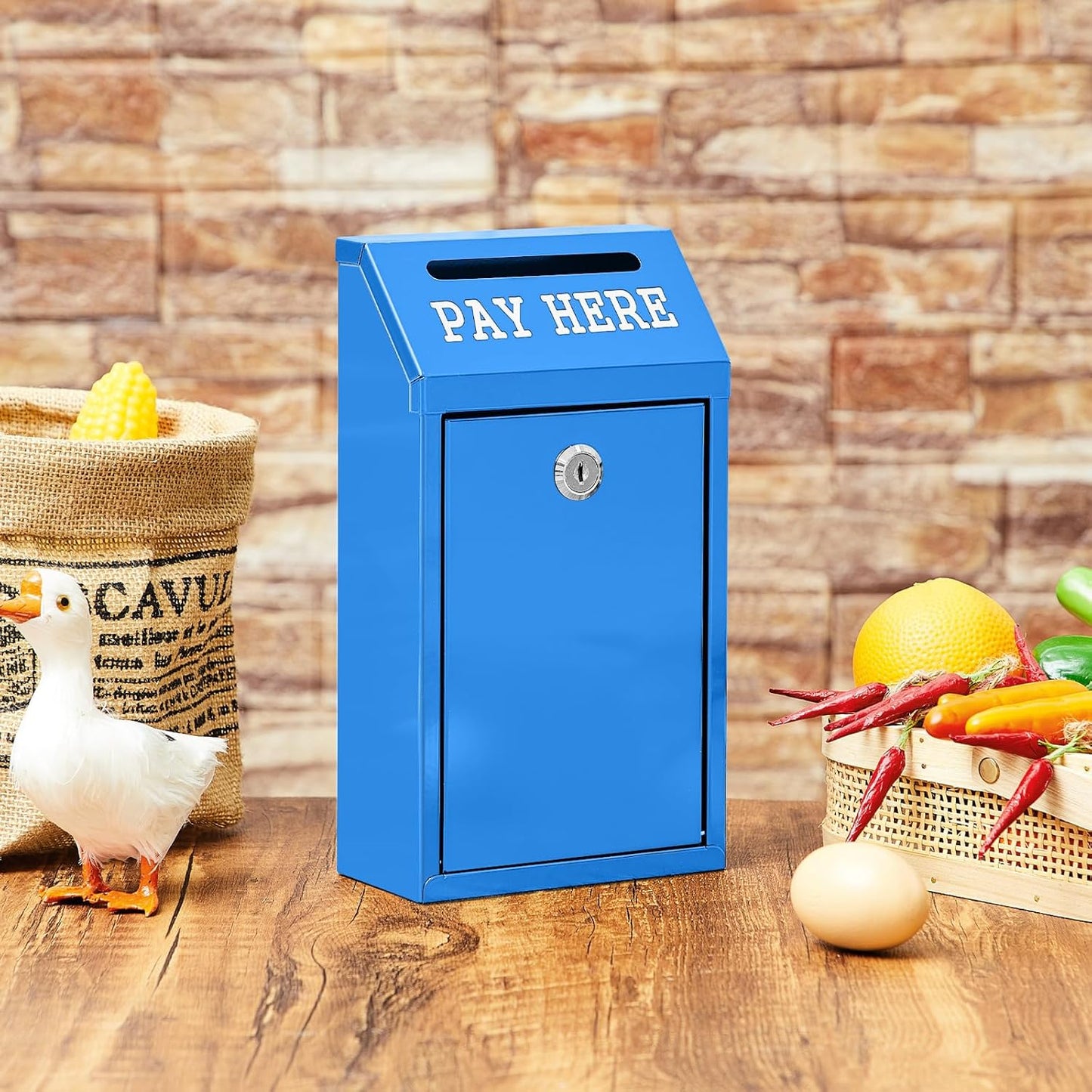 Safe Cash Box Money Collection Metal Donation Box with Lock Wall Mount Pre Drilled Mailbox Delivery Ballot for Home Office Outdoor Self Serve Stand(Blue,10.2 x 5.7 x 2.8 Inch)