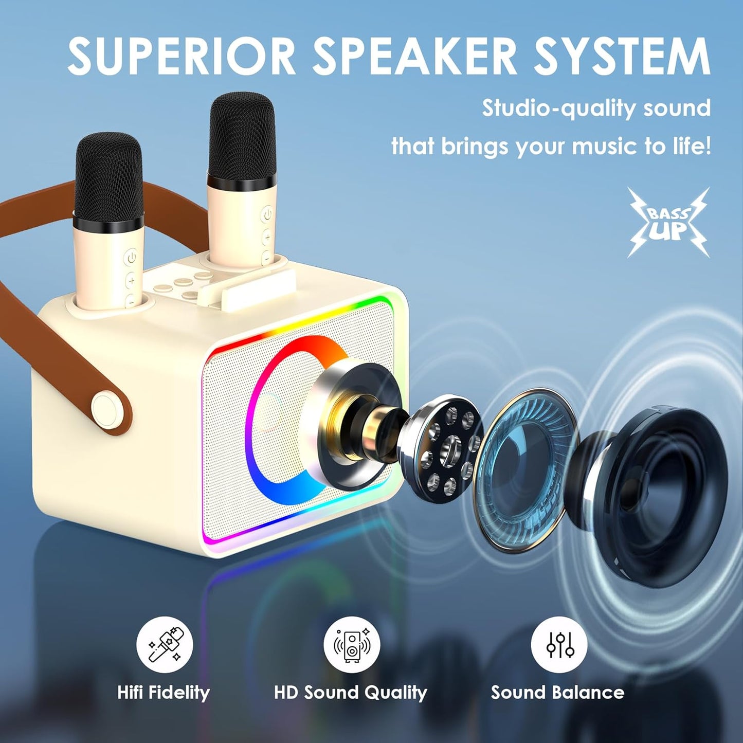 Karaoke Machine,Portable Bluetooth Speaker with 2 Wireless Microphone for Adults & Kids with LED Lights, Karaoke Microphone with PA System Supports USB/TF/AUX,Gift for Party (Beige)