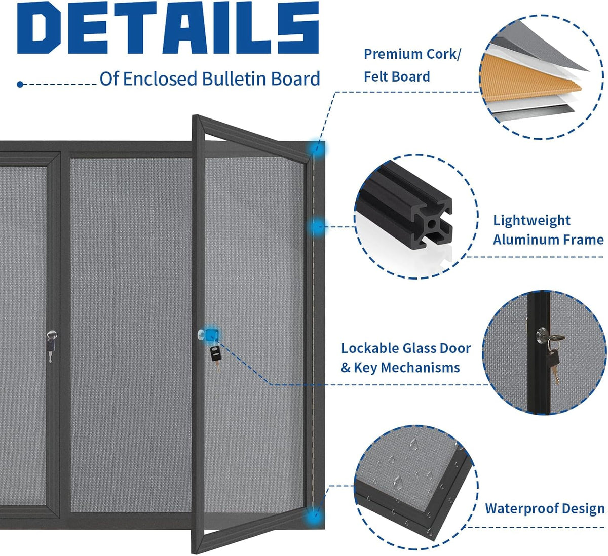 Enclosed Bulletin Board Lockable,Double-Door Weatherproof Outdoor Noticeboard with Locking Door, Wall-Mounted Aluminum Framed Presentation Board, 44x32 Inch (8xA4)