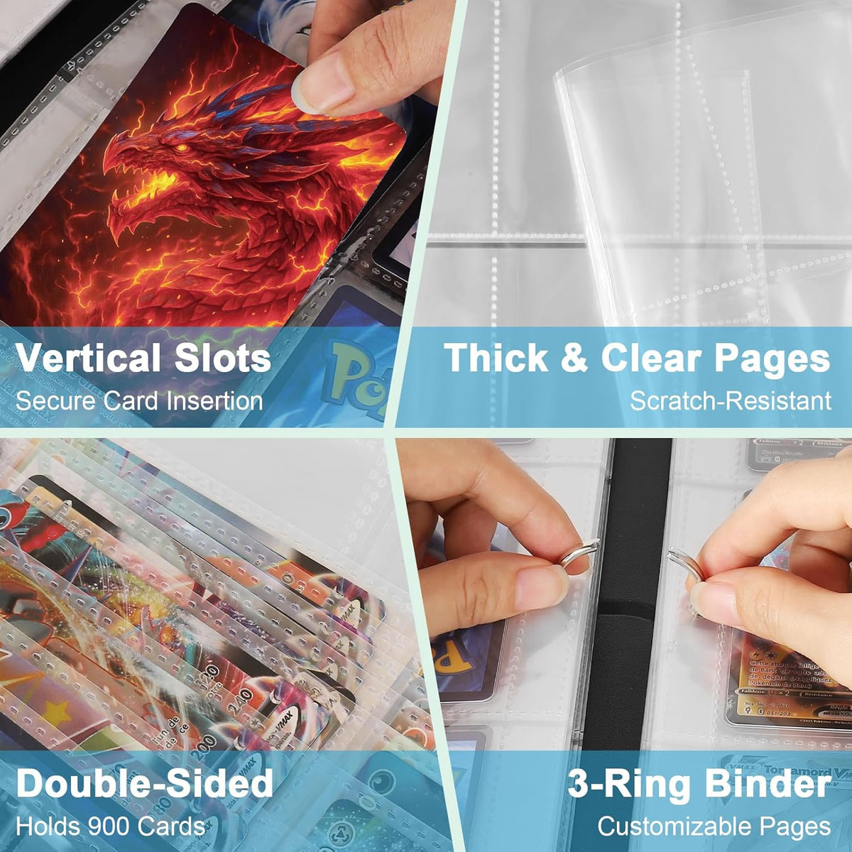 Dragon 9 Pocket Trading Card Holder Binder, Holds 900 Cards with 50 Removable Sleeves, Double-Sided Card Collection Binder Album for TCG, MTG, Sports Cards