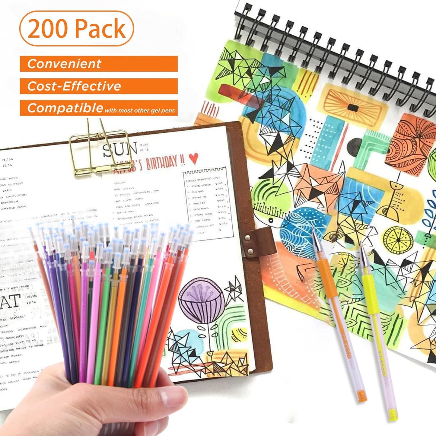 200 Colors Gel Pen Ink Refills, Glitter Neon Gel Ink Pens Refills Replace Cartridges for Adult Coloring Books Journaling Women Gifts, No Repeats