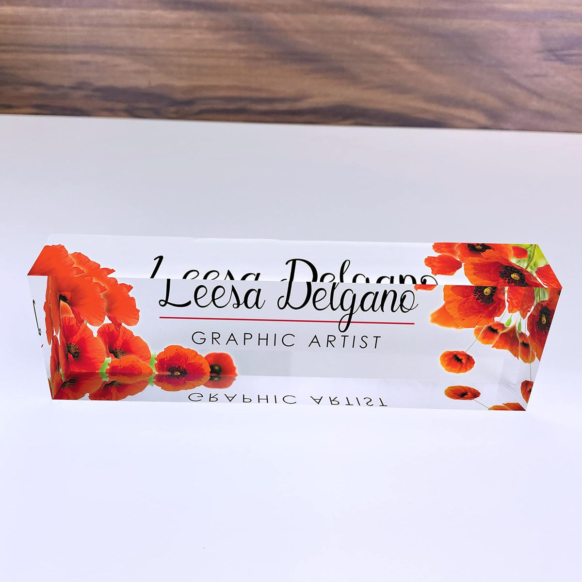 Artblox Personalized Name Plate for Desk | Poppy Flowers Design On Clear Acrylic Glass | Custom Desk Name Plate Personalized with Your Name and Credentials for Teacher Phd Military Office