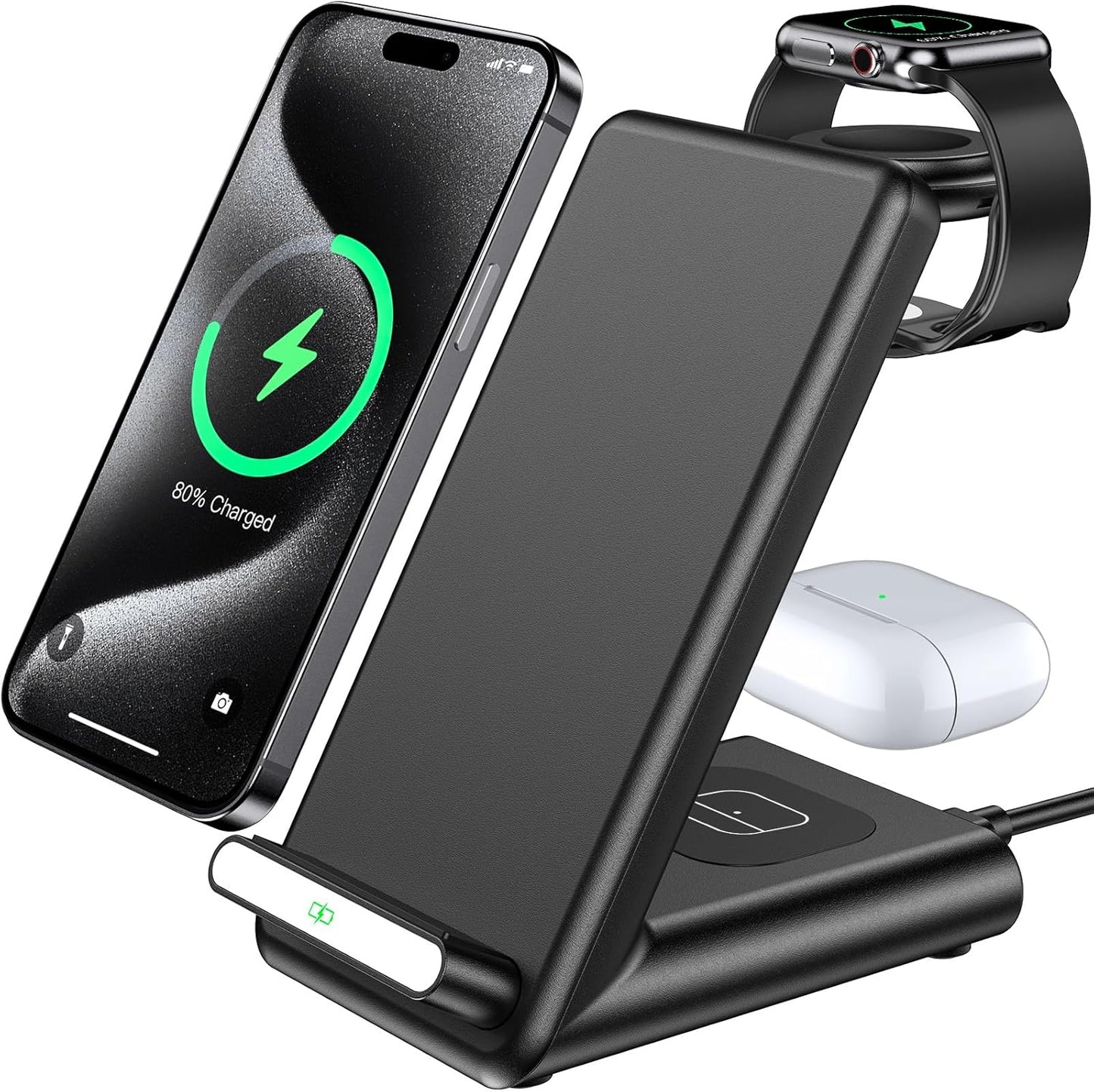 Wireless Charging Station,3 in 1 Charging Stand Made for Apple Watch Ultra 11 10 9 8 7 6 SE 5 4 3,Fast Wireless Charger Made for iPhone 17/Air/16/15/14/13/12,for AirPods Pro(with Adapter) (Black)