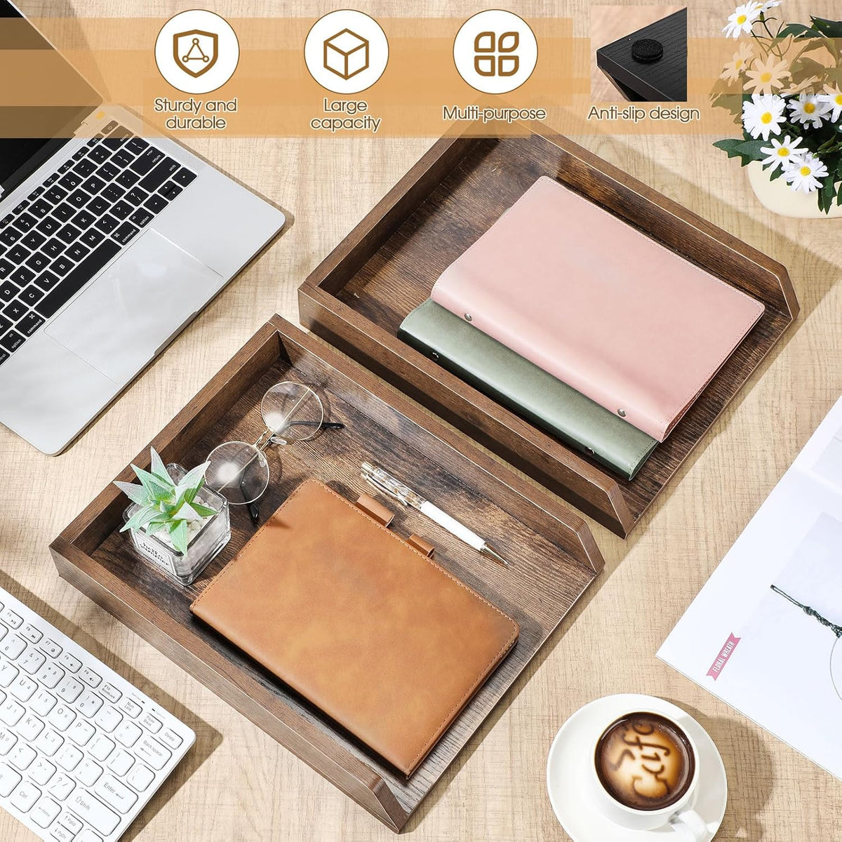 4 Pcs Wooden Letter Trays Wood Letter-Size Desk Organizer Heavy Duty 2 Tier Stackable Supports Paper Tray Desktop Drawer Organizer File Folder Magazine Office Accessories (Dark Wood)