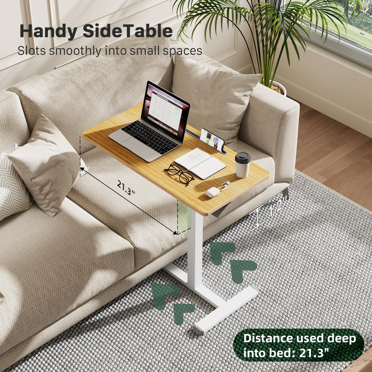 Mobile Standing Desk, Pneumatic Adjustable Rolling Desk(31.5 Inches), Portable Laptop Desk with Wheels, Overbed Bedside Table Laptop Table for Couch, Home, Office, Oak
