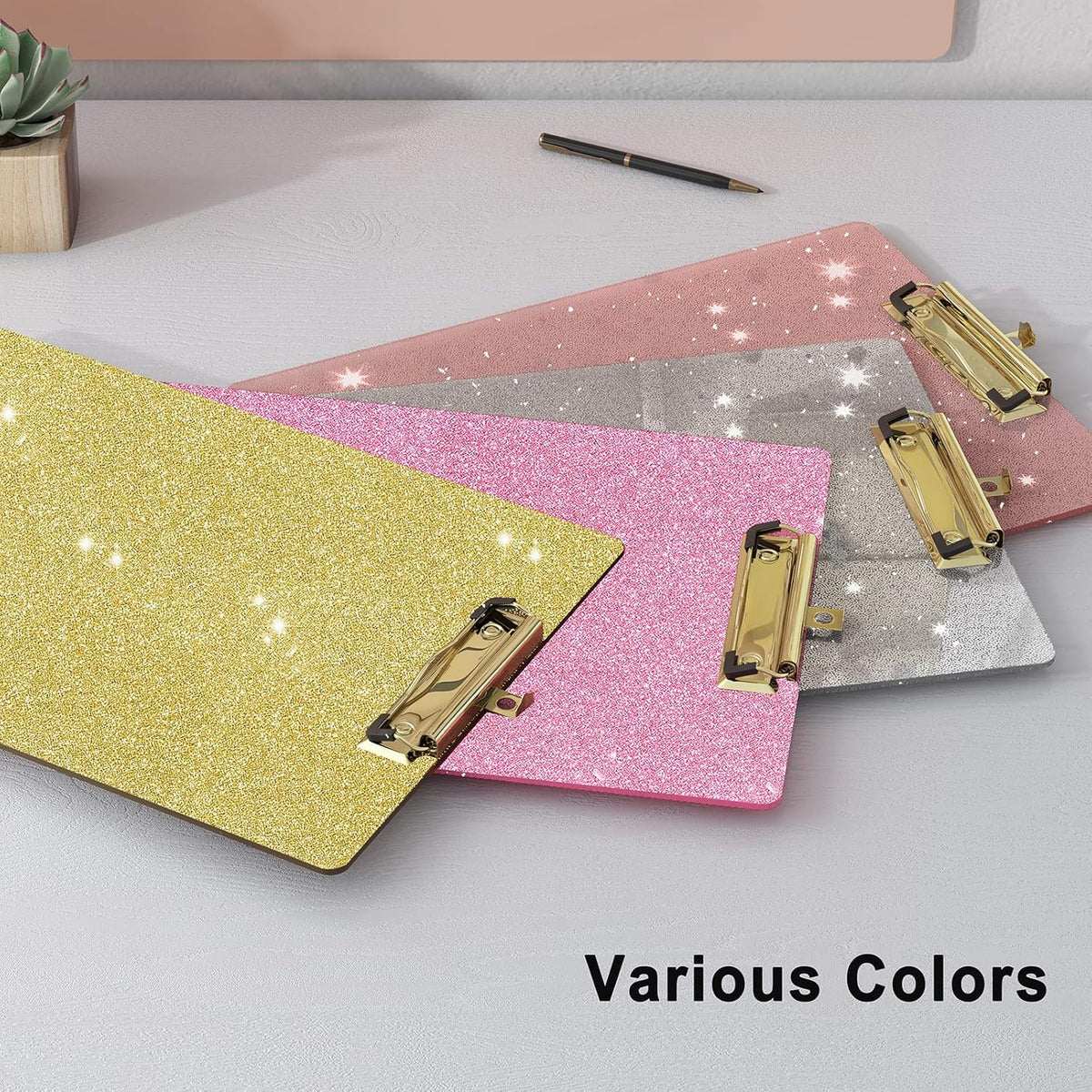 Glitter Acrylic Clipboard Decorative Standard A4 Letter Size 12.2" x 8.7", Fashion Bling Clip Boards with Designed Low Profile Gold Clip for Classroom Office - Rose Gold