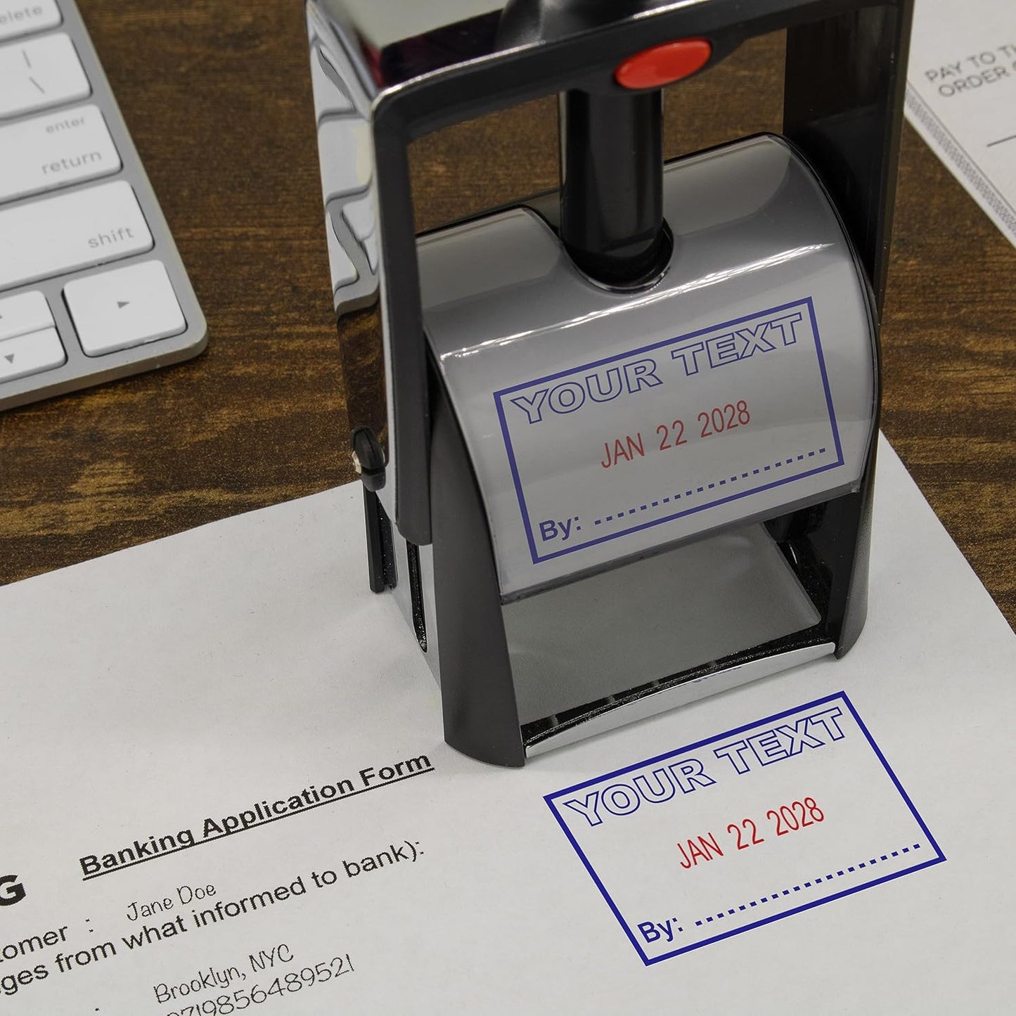 MaxMark Heavy Duty Self Inking Date Stamp with Phrase Revised - Red Ink